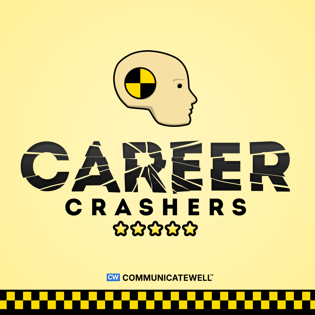 Graphic design featuring a stylized human head with a black and yellow crash test dummy icon inside the brain area, the word 'CARTER' broken and cracked, with 'CRASHERS' written underneath and five yellow stars below that, and a checkerboard pattern at the bottom.