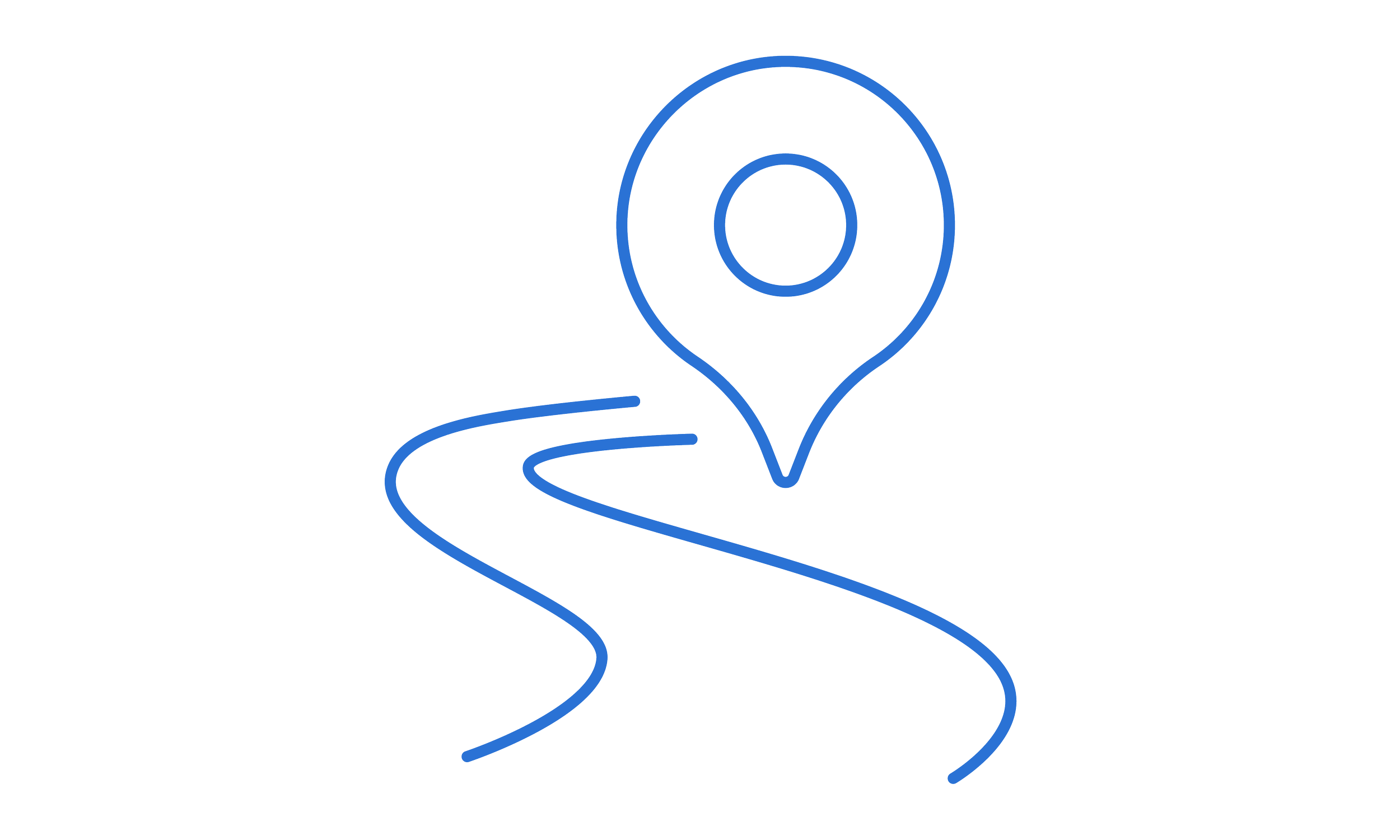 A stylized sign with a blue outline of a winding road and a location pin at the top.