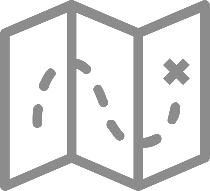 An icon of a folded treasure map with a dotted path and an 'X' marking the spot.