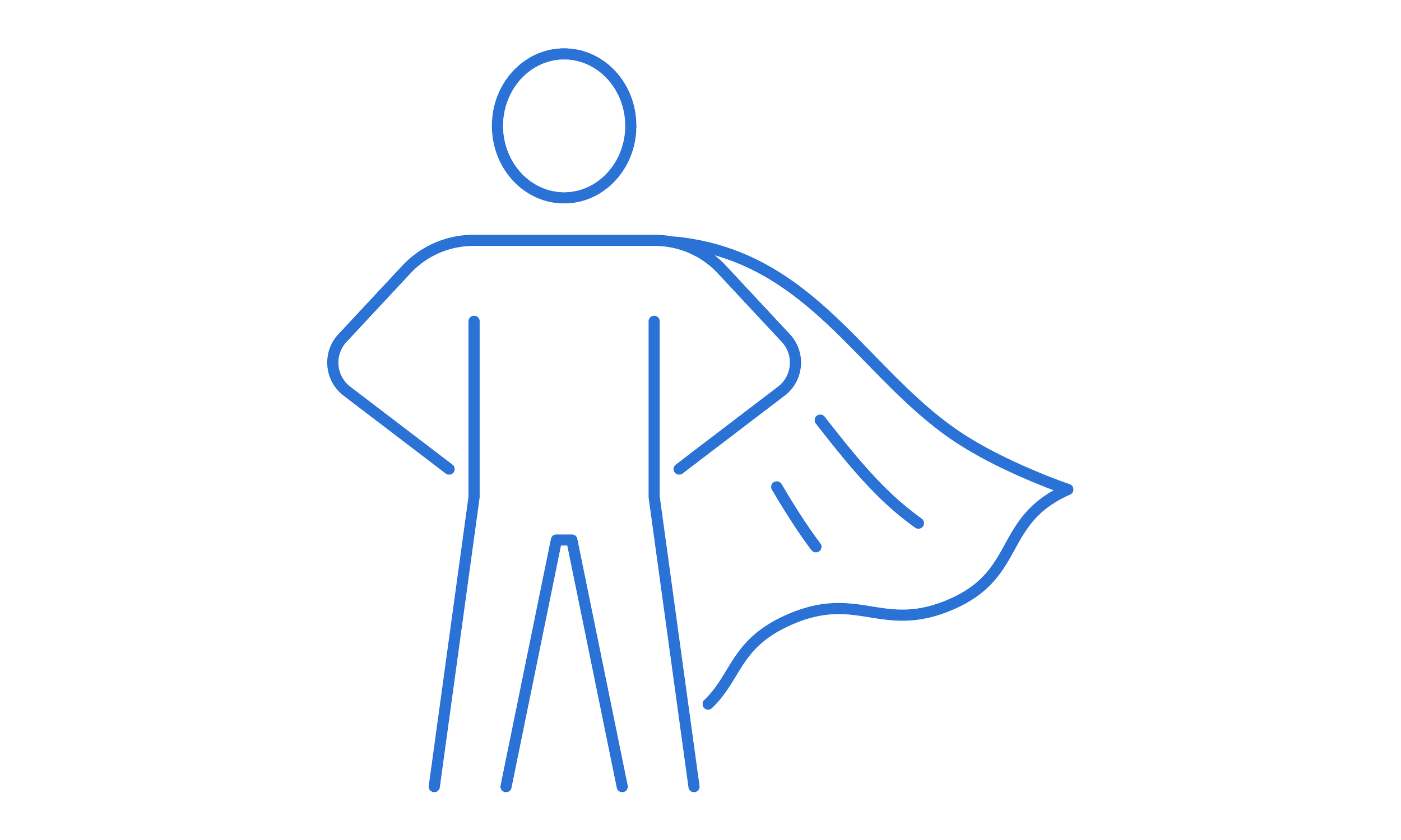 Simple line drawing of a person with hands on hips, wearing a cape, symbolizing a superhero.