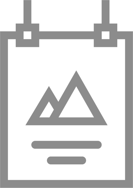 Icon of a hanging sign with a mountain and sun symbol, and lines of text
