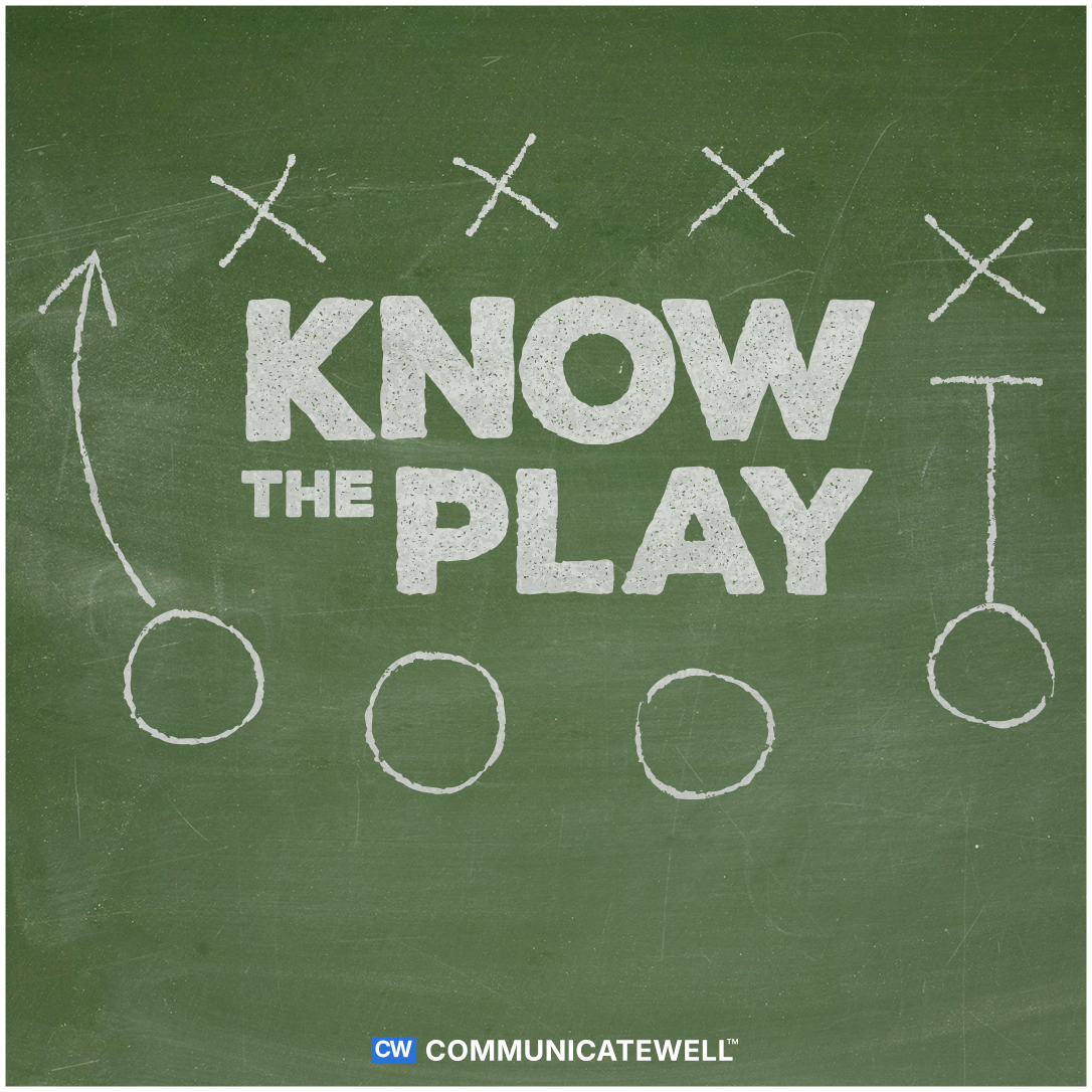 Chalkboard with a sports strategy diagram and the words 'Know the Play' written in chalk.