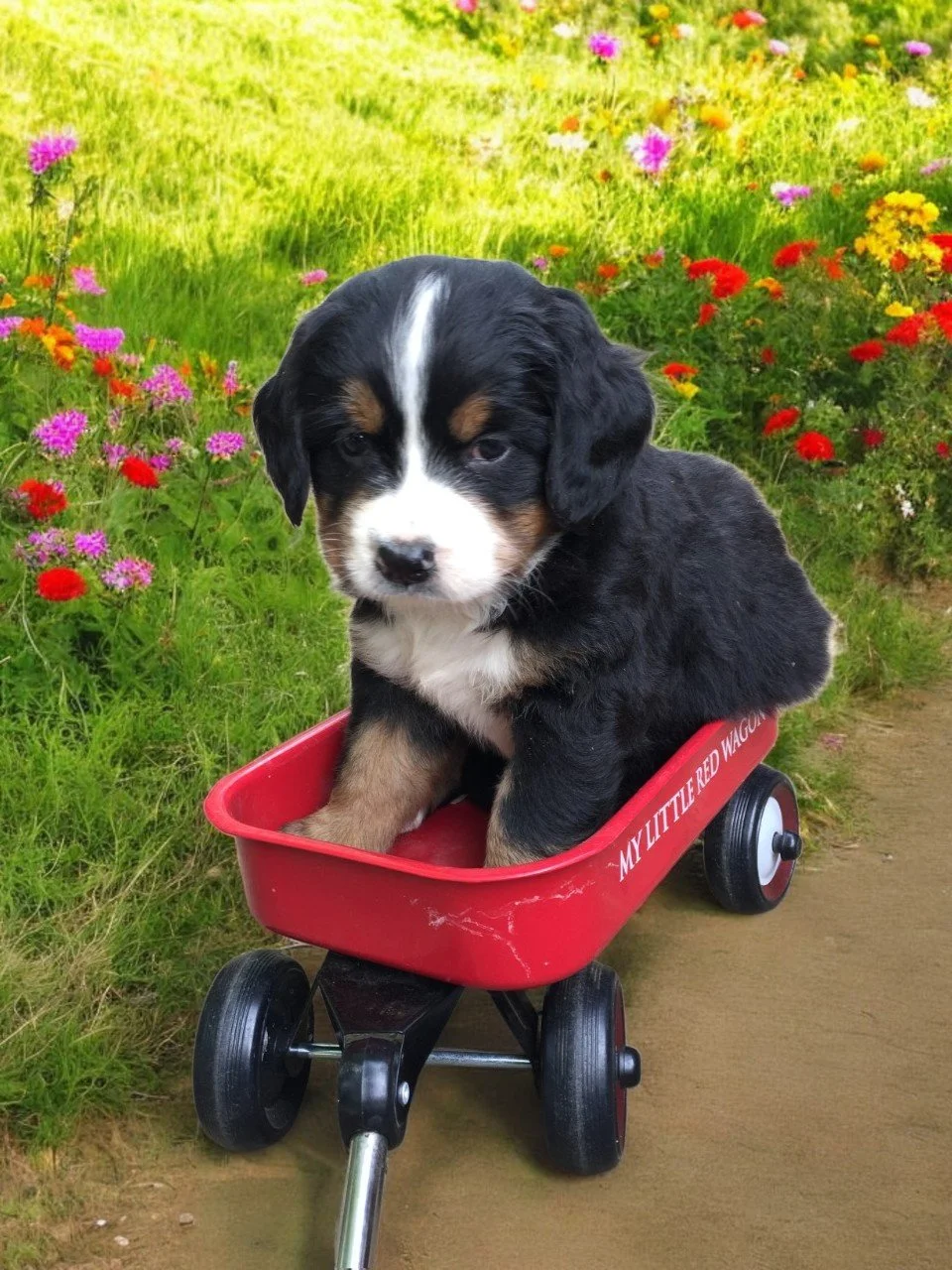 Bernese Mountain Dog Puppy going for a ride in a wagon.