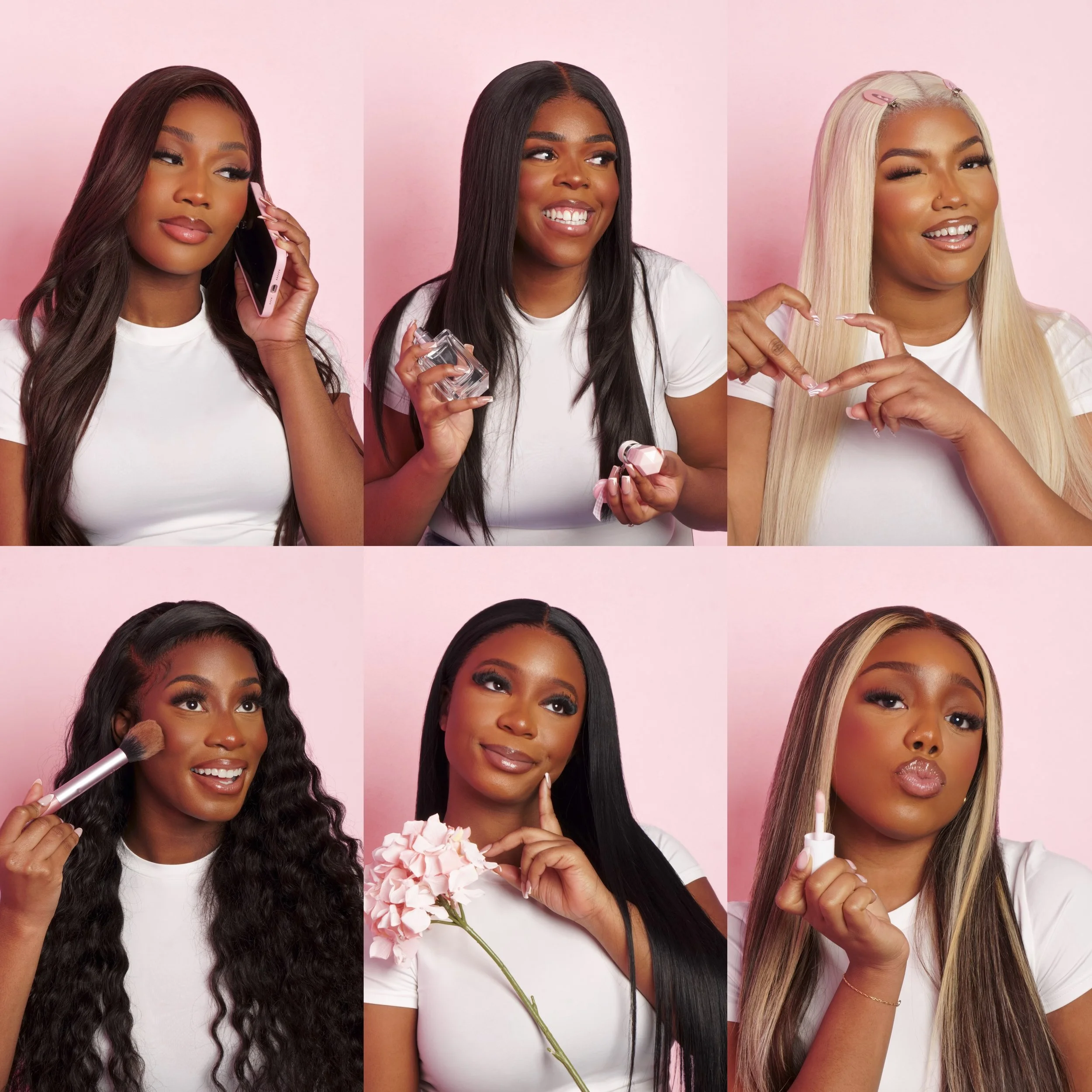 6 models with curly hair, layered hair, straight hair, blonde hair, highlighted hair and brown hair in white t-shirts and holding props against pink background