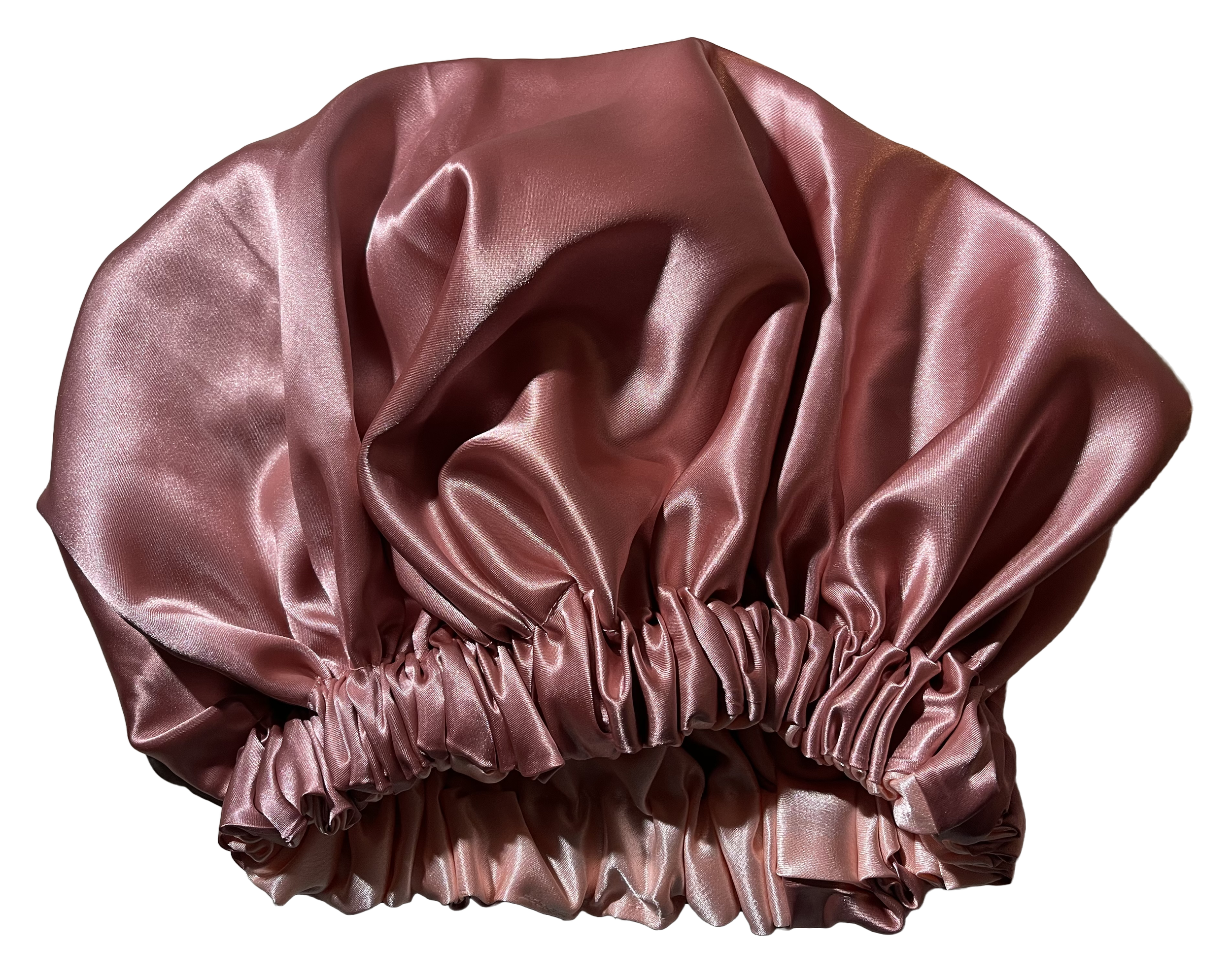 Pink satin hair bonnet with gathered elastic edges