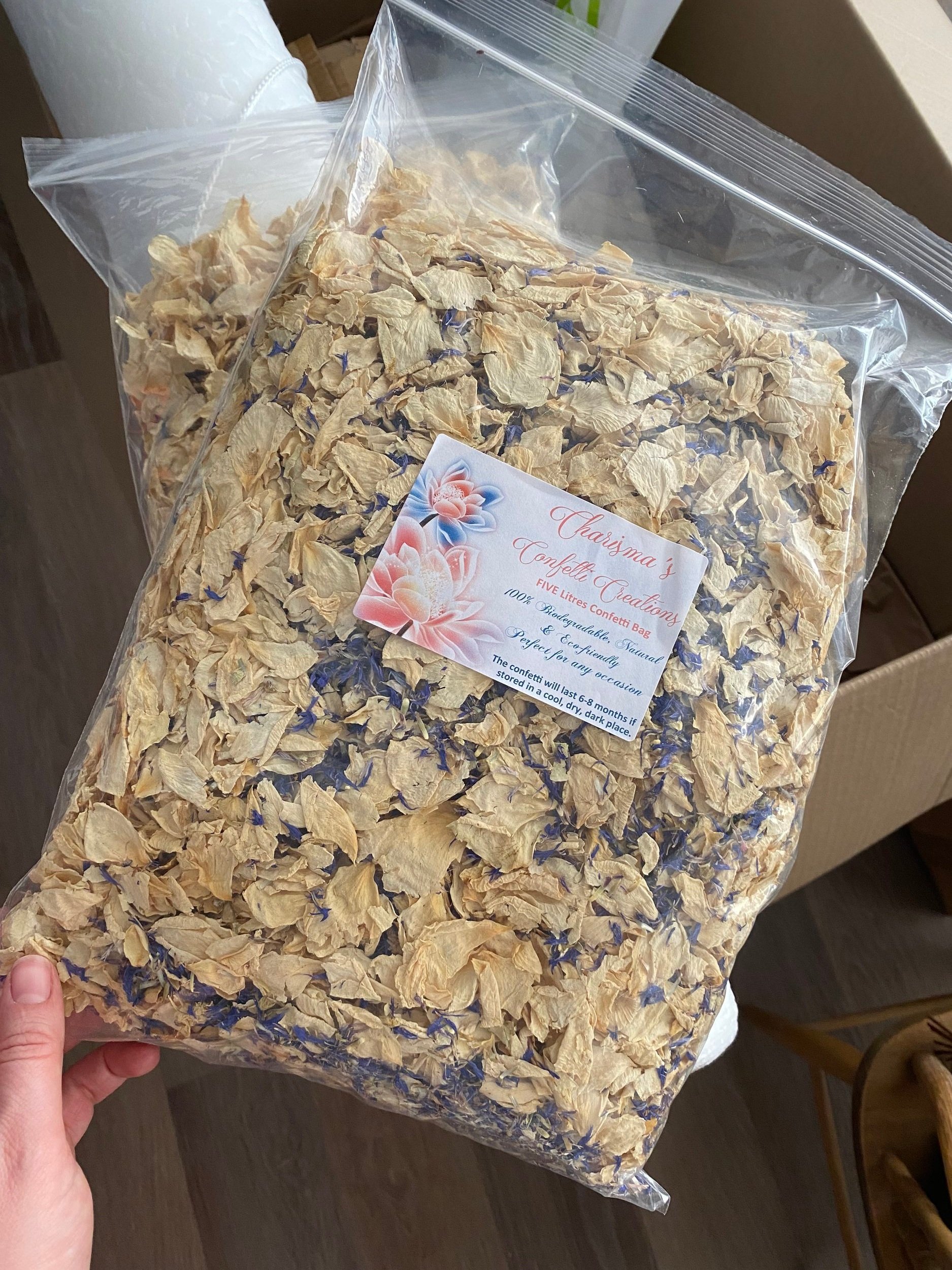 $100 - 10 Liters of Natural Biodegradable Floral Confetti(Enough for approx. 100 guests; They didn’t arrive in time for our wedding, but have been stored properly so petals are as fresh as when they arrived!)