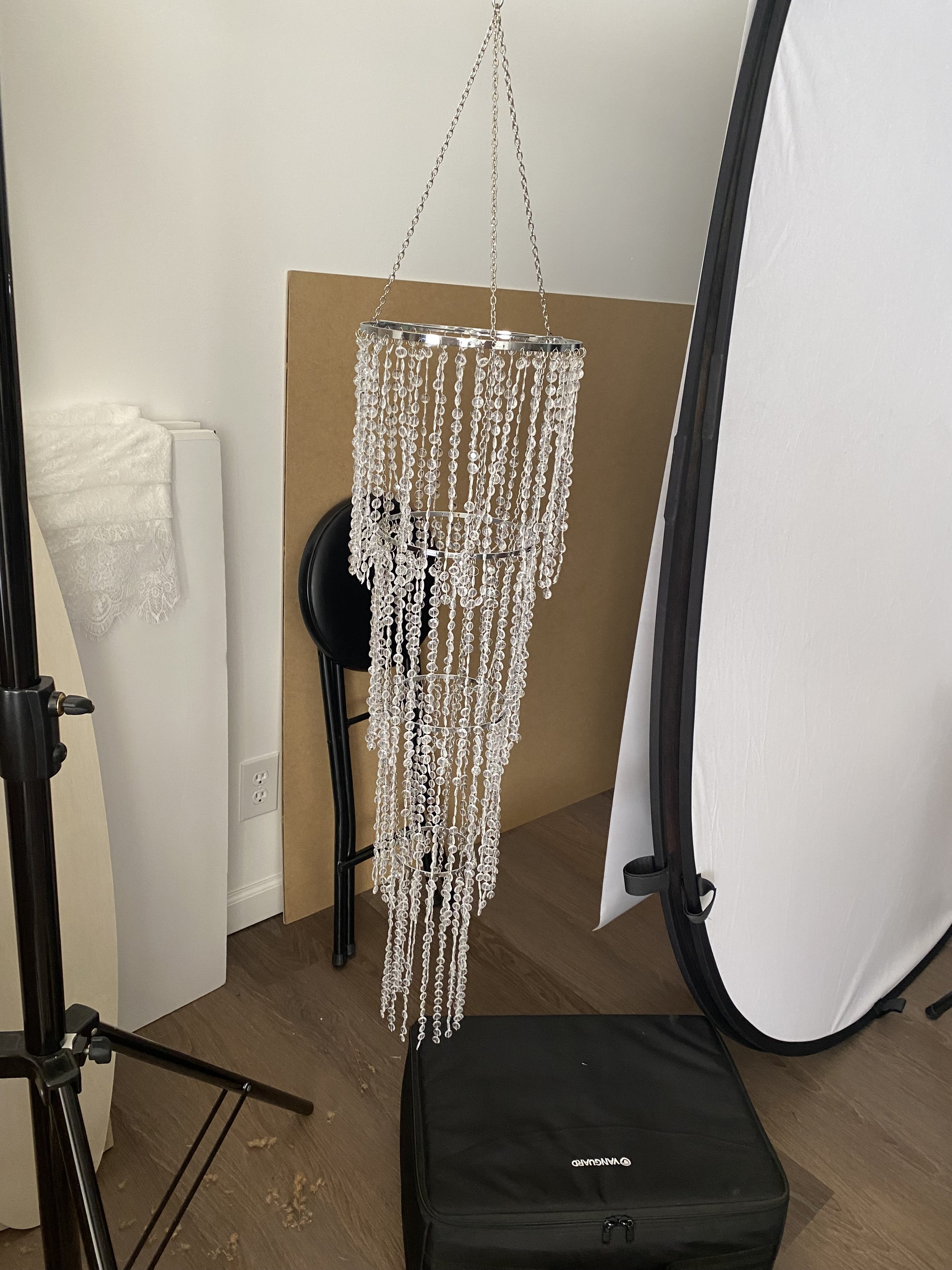$35 - 9x35” Clear Beaded Chandelier (Decorative; No light; Also comes with a table top stand.)