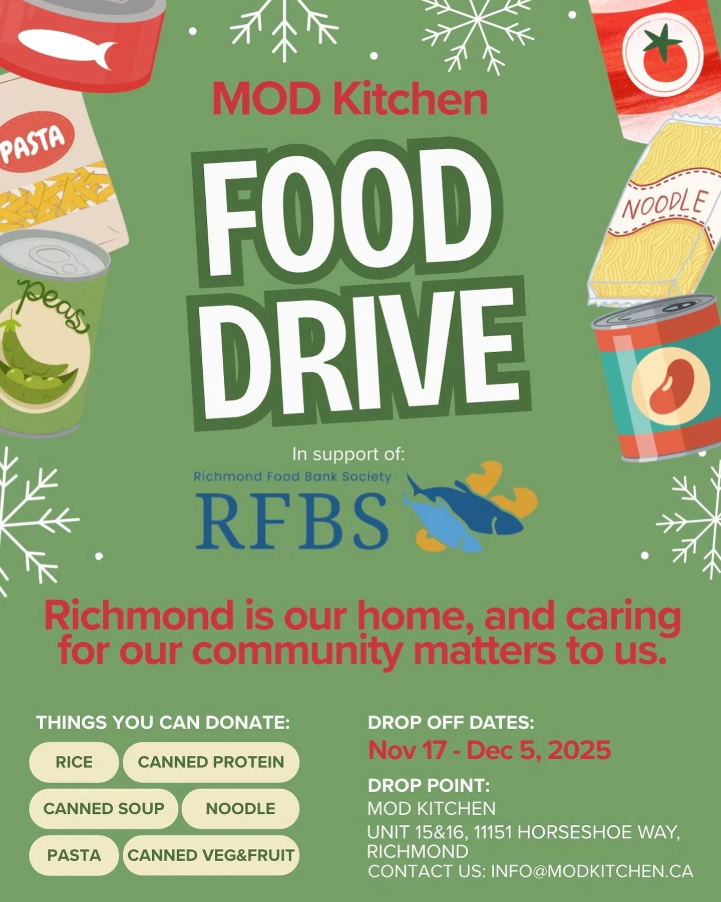 This holiday season, let&rsquo;s support our neighbours. ❤️

The Richmond Food Bank @richmondfoodbank serves 3,200 people every week from children to seniors. MOD Kitchen is hosting a Food Drive to lend a helping hand, and your generosity can make a 