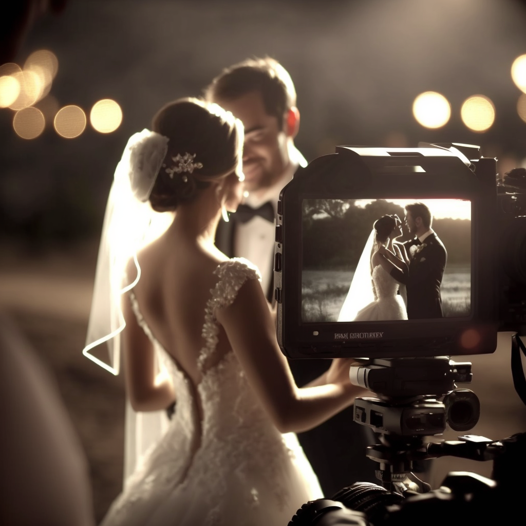A bride and groom are captured during a wedding photoshoot at sunset, shown through a professional camera's viewfinder.