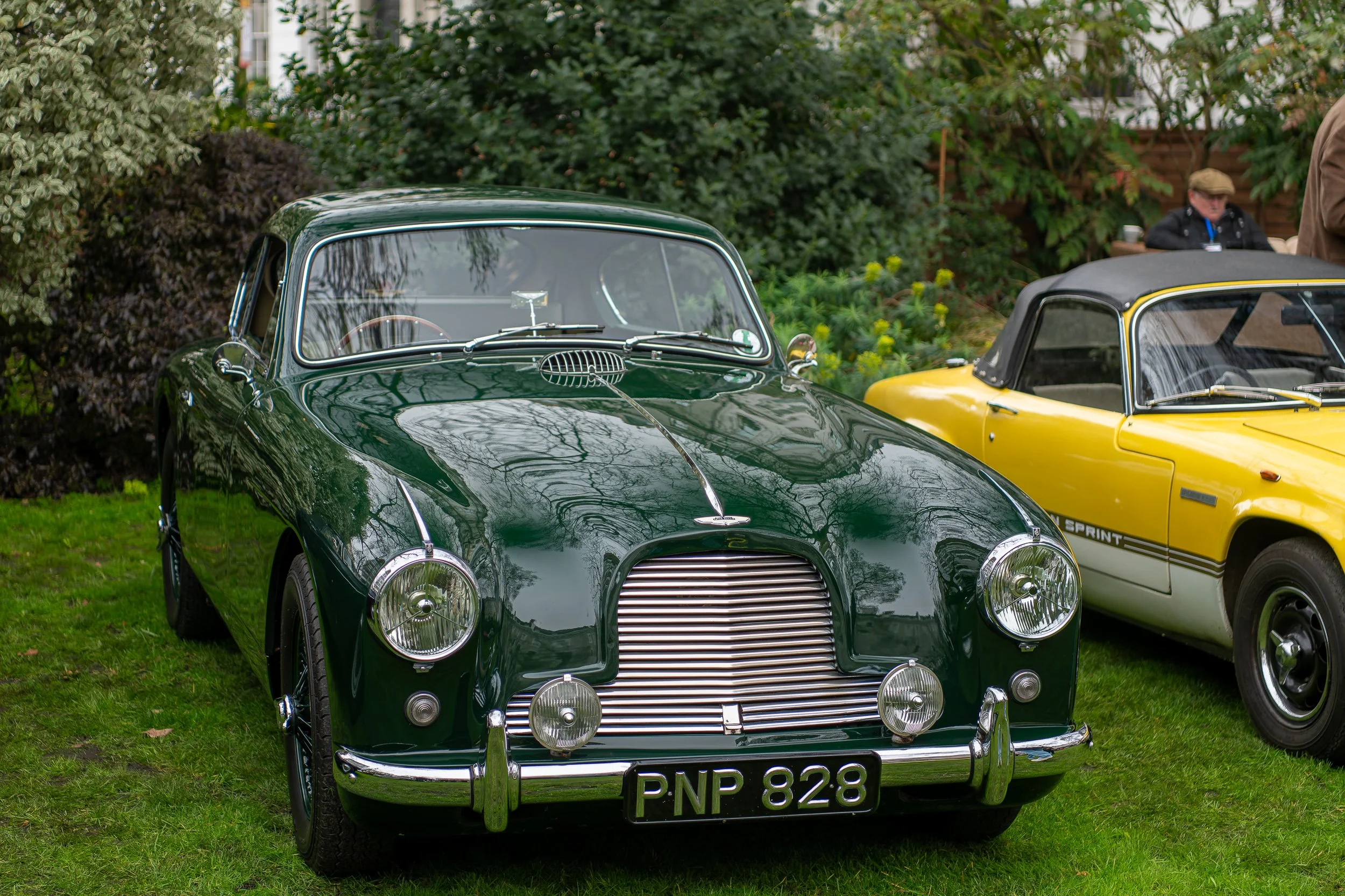 A vintage dark green car with a chrome grille and headlights parked on a grassy area, next to a yellow sports car, with trees and bushes in the background.