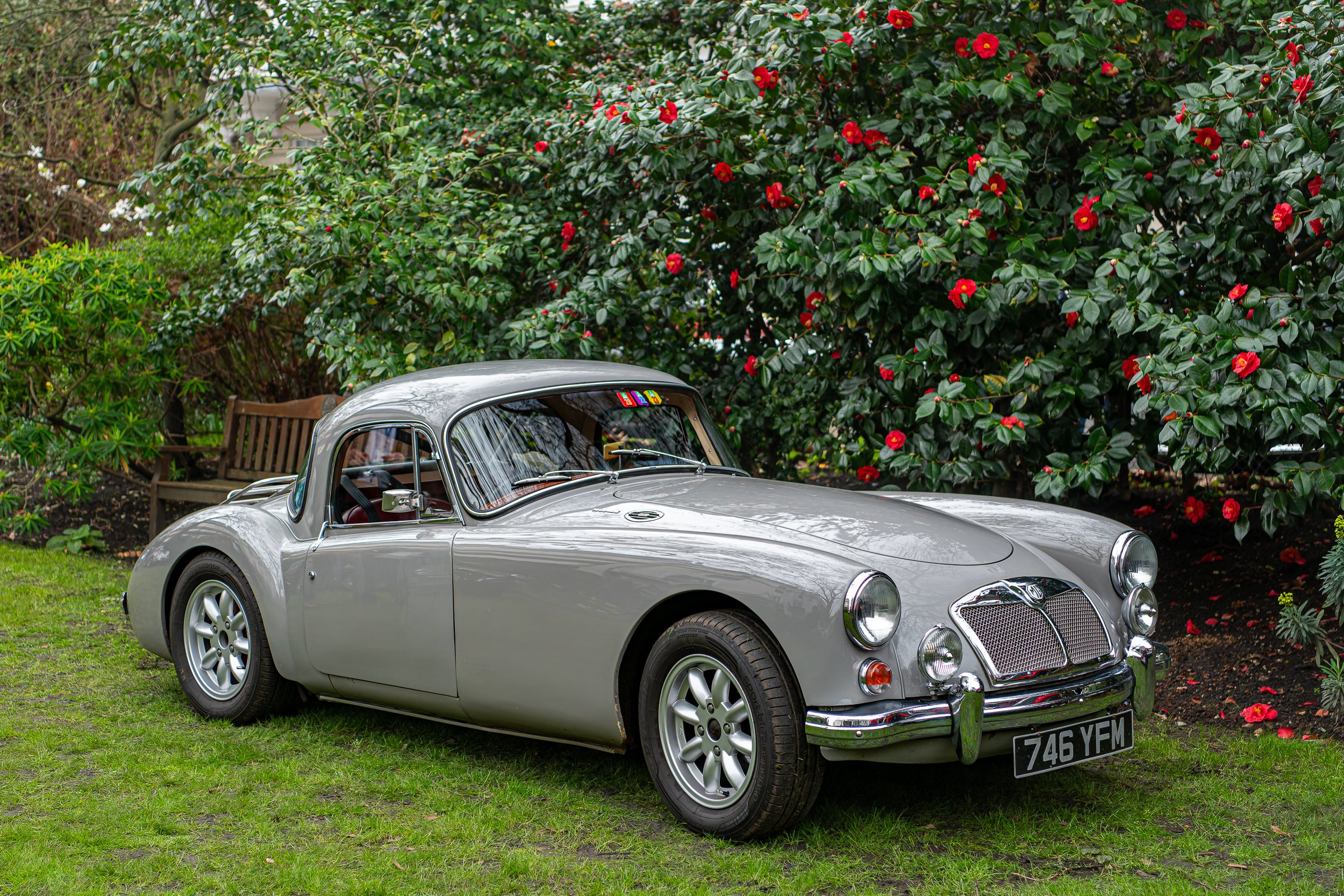 A vintage silver sports car parked on a grassy area in front of a bush with red flowers, a small wooden bench is visible behind the car.