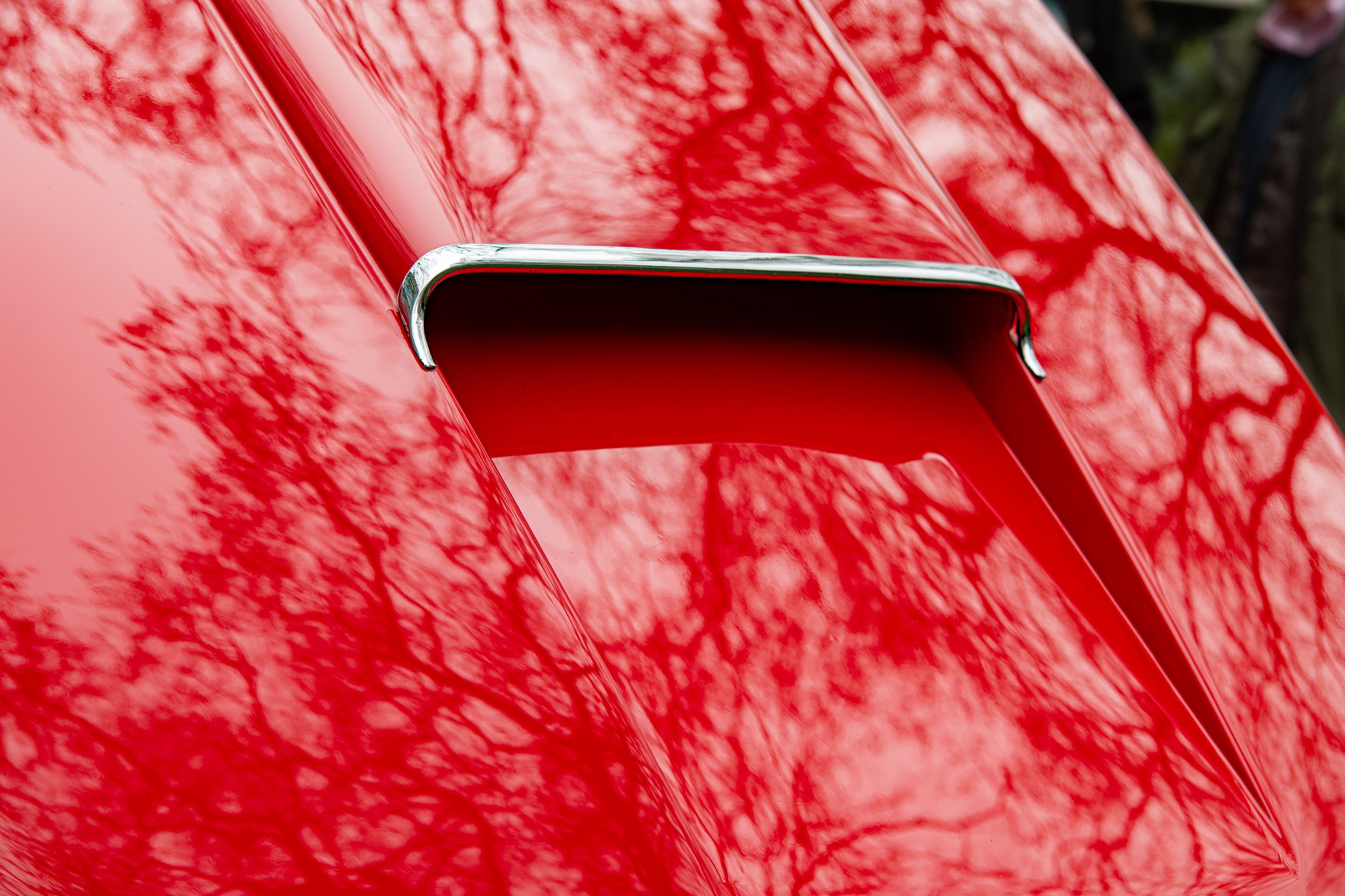 Close-up of a red sports car with a hood scoop and chrome trim, reflecting the surrounding trees.