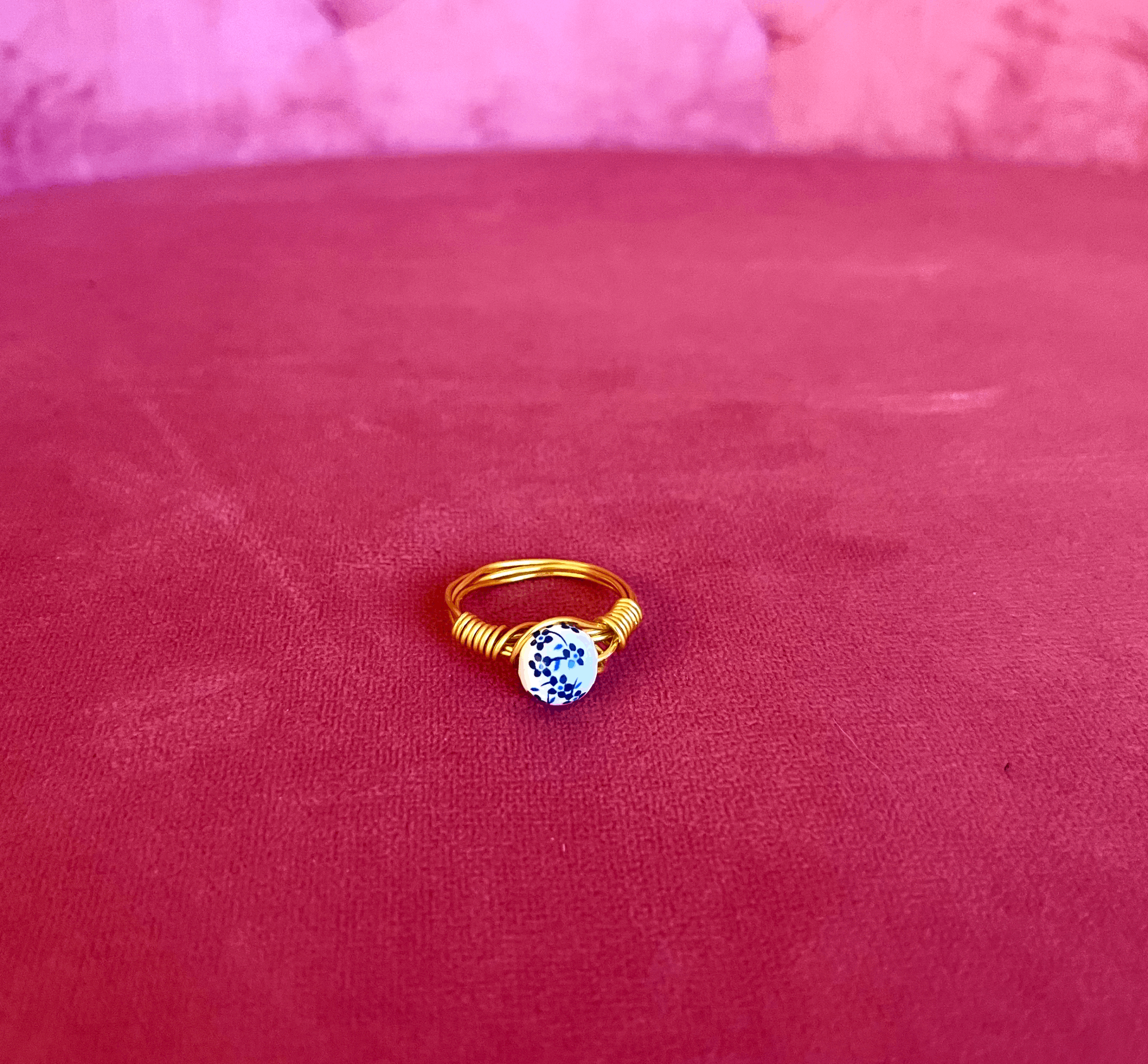 Blue Floral Handmade Wire Ring