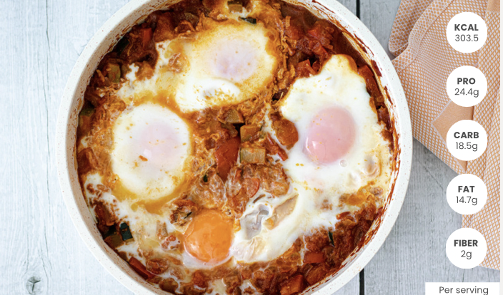 Baked eggs in a spicy tomato sauce with vegetables in a bowl