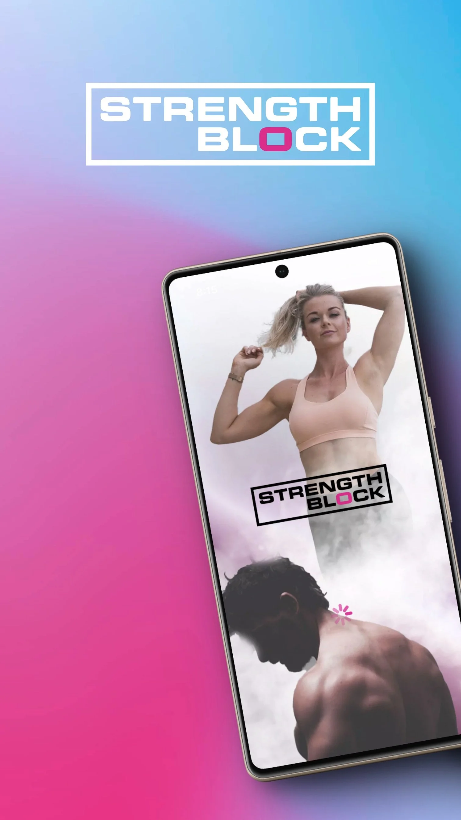 A promotional image for Strength Block featuring a woman in athletic wear and a shirtless man, with a colorful gradient background and the Strength Block logo.