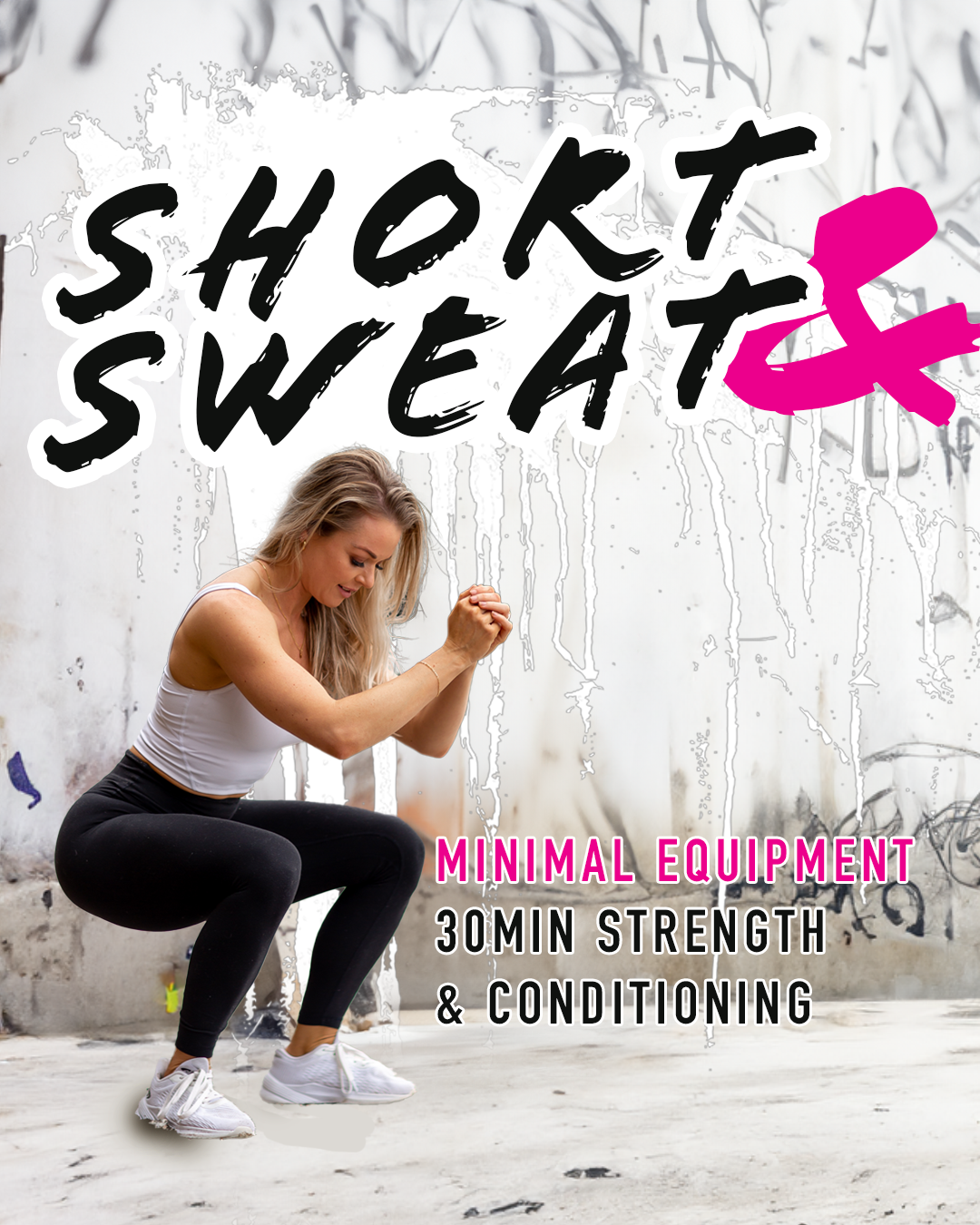 Sophie Rabaud performing a bodyweight squat in a warehouse for the cover of the workout program "short and Sweat"