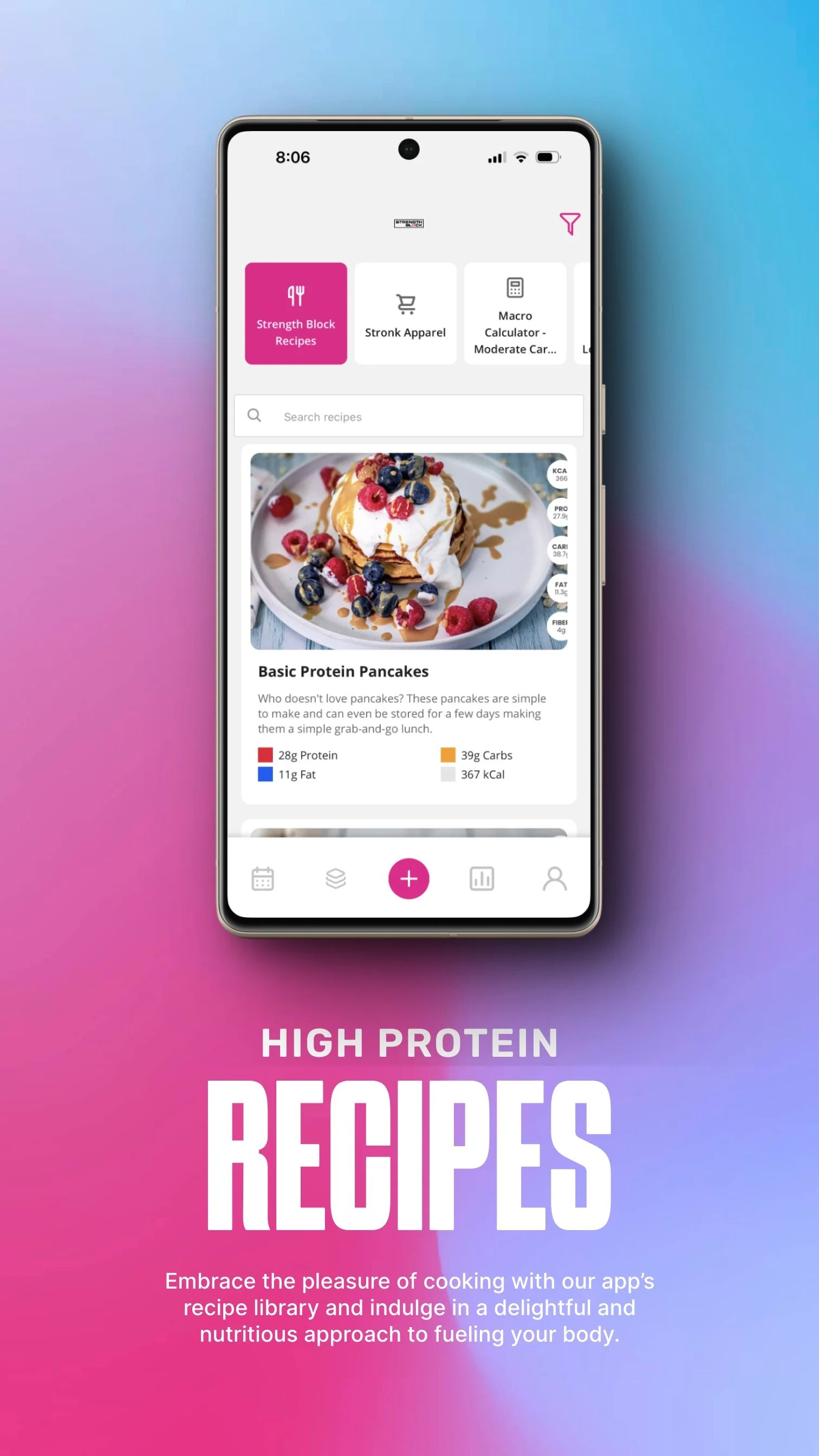 Smartphone displaying a recipe app featuring protein pancakes topped with berries and syrup, against a gradient pink and blue background with text promoting high-protein recipes.