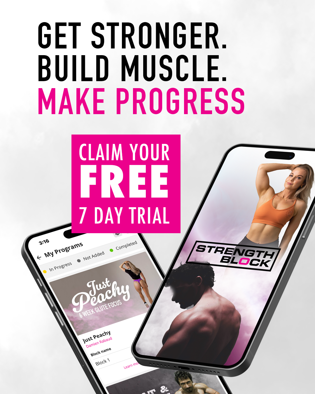 Fitness app advertisement promoting strength training with a woman flexing her arm on a phone screen, and an offer for a free 7-day trial.
