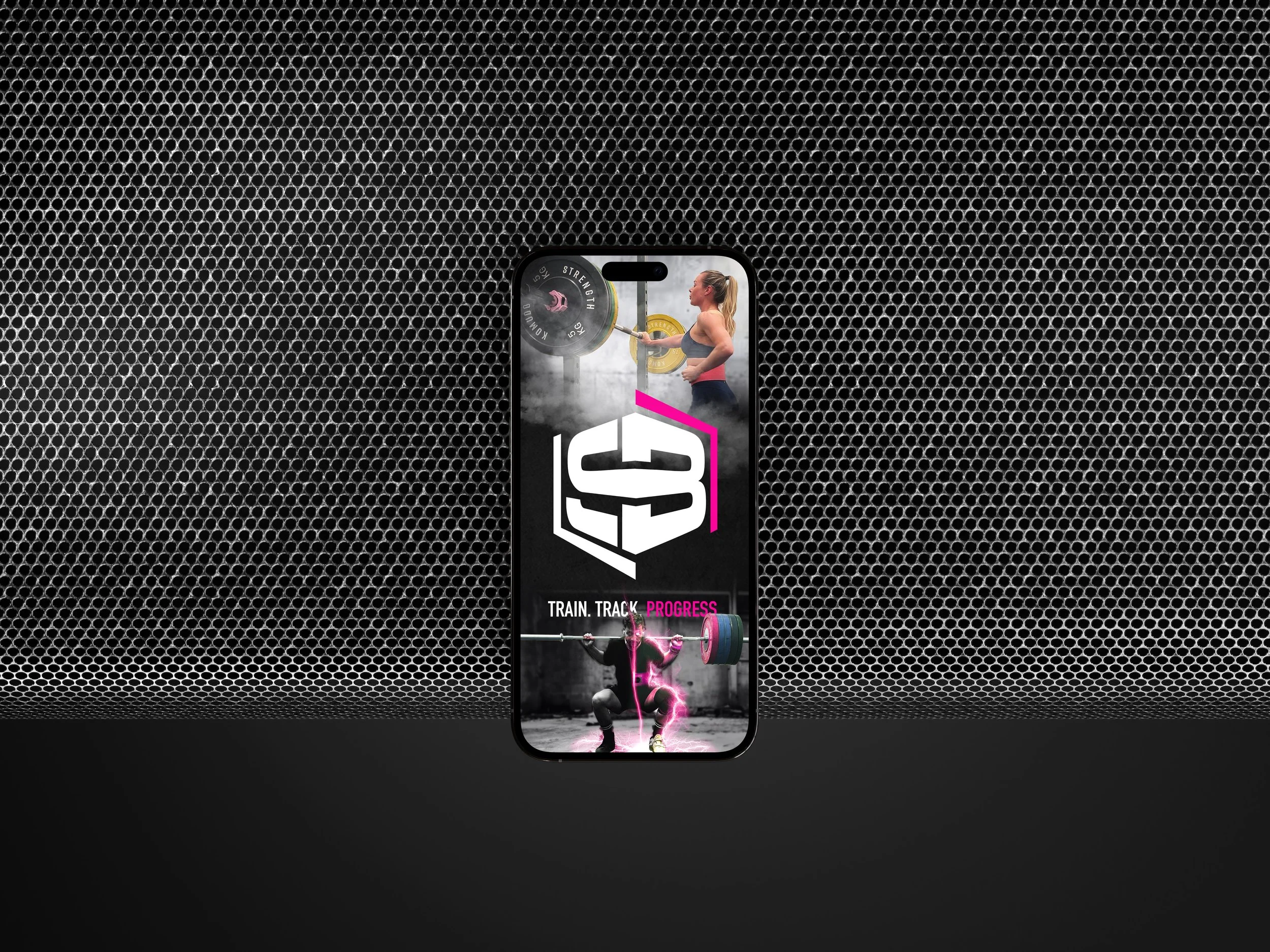 A smartphone screen displaying a fitness app or website with images of women lifting weights and text promoting progress in training.