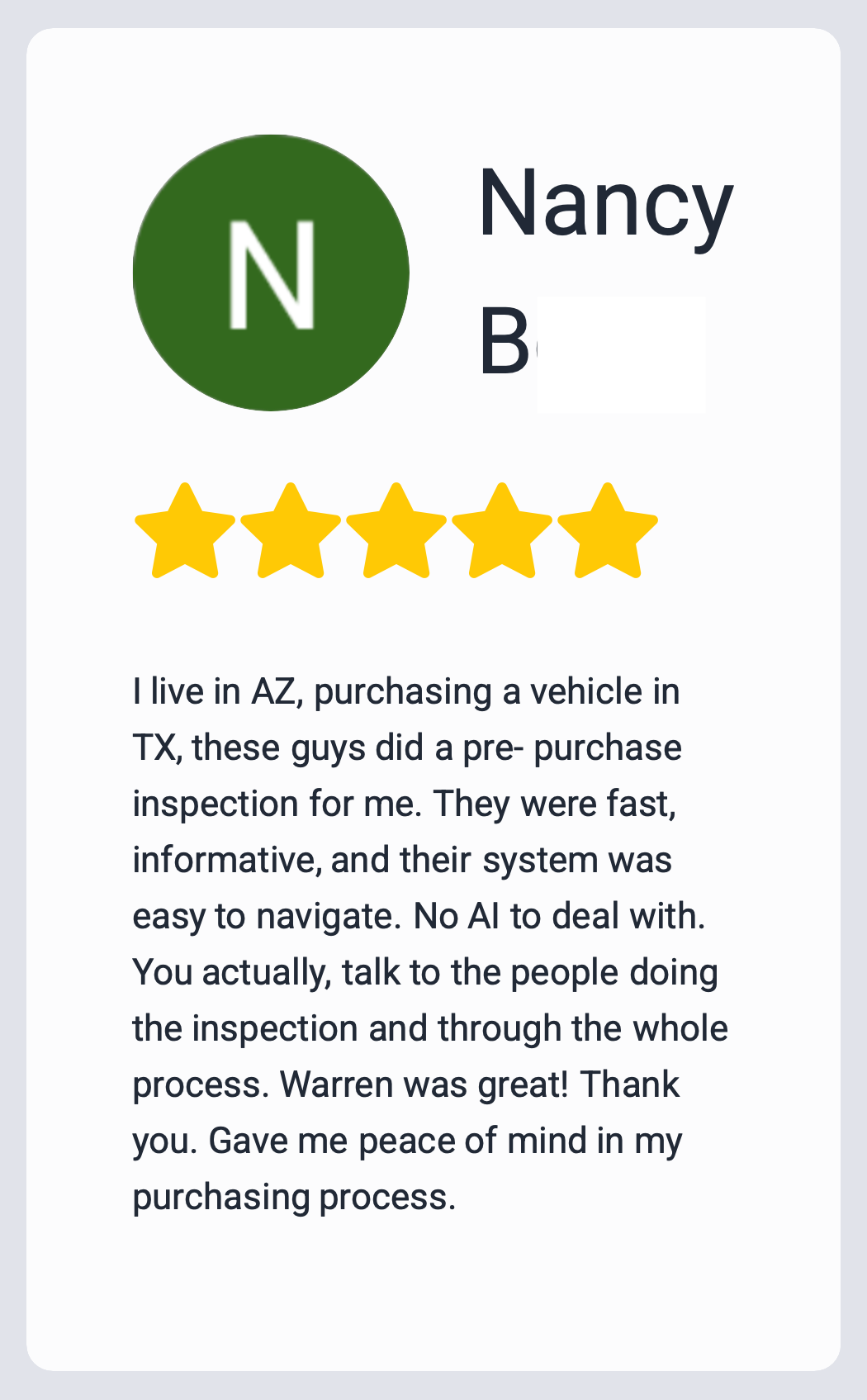 Review of a prepurchase inspection service, showing a 5-star rating, with a customer testimonial about their positive experience.