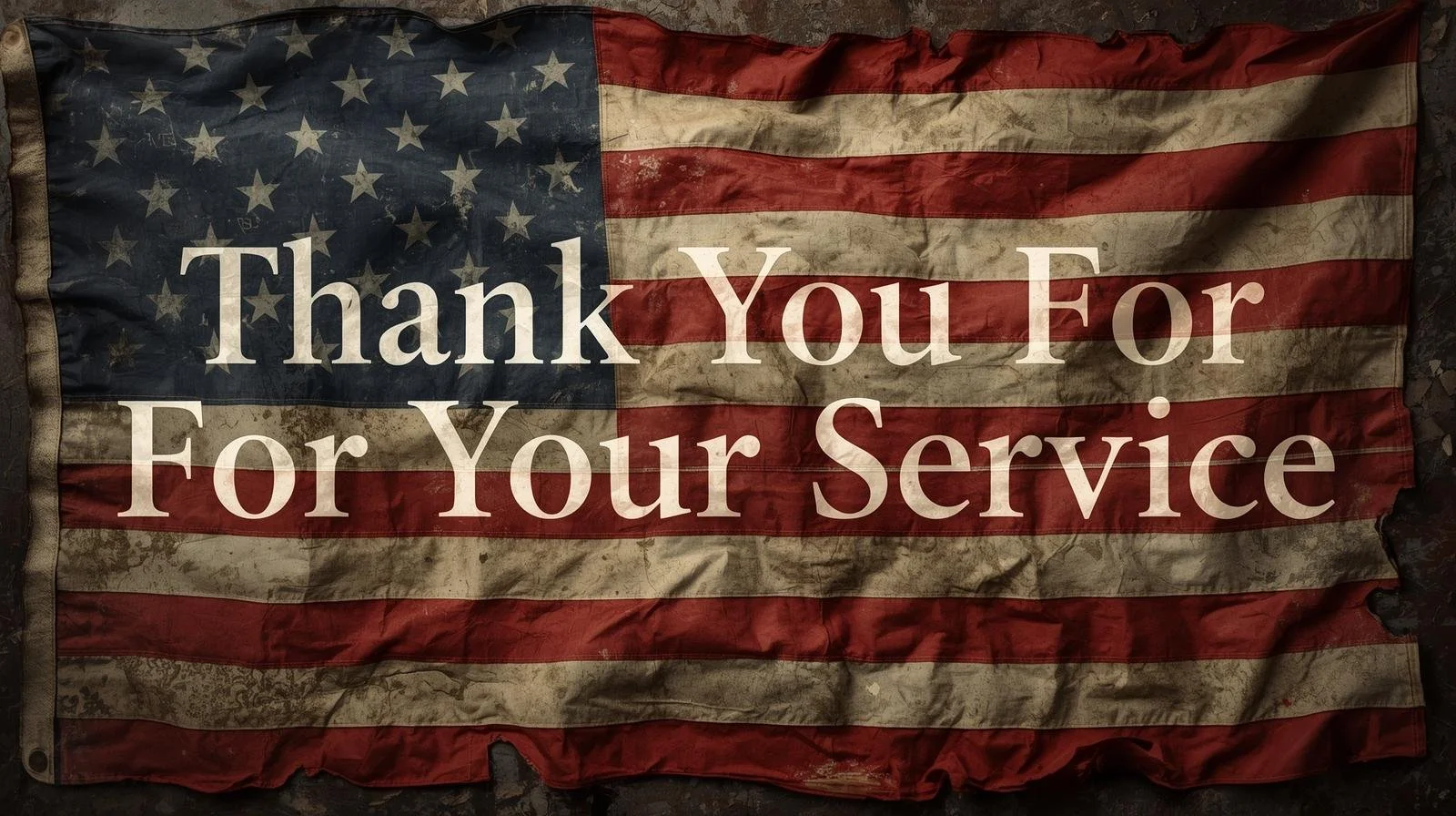 Tattered American flag with the text 'Thank You For Your Service' written across it.