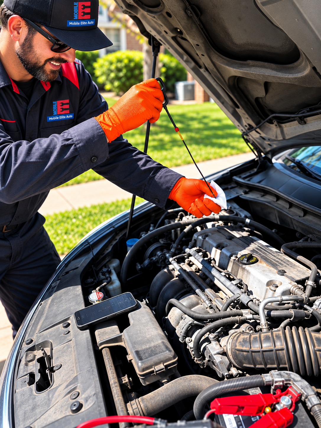 A man wearing sunglasses, a cap, and orange gloves inspects the engine of a car with the hood open, outdoors on a sunny day.