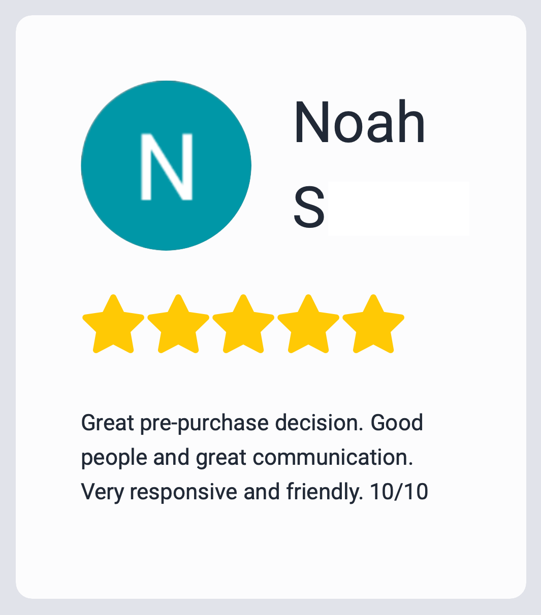 Customer review star rating for Noah, with a five-star rating, highlighting positive feedback about good communication and responsiveness on his pre-purchase inspection.