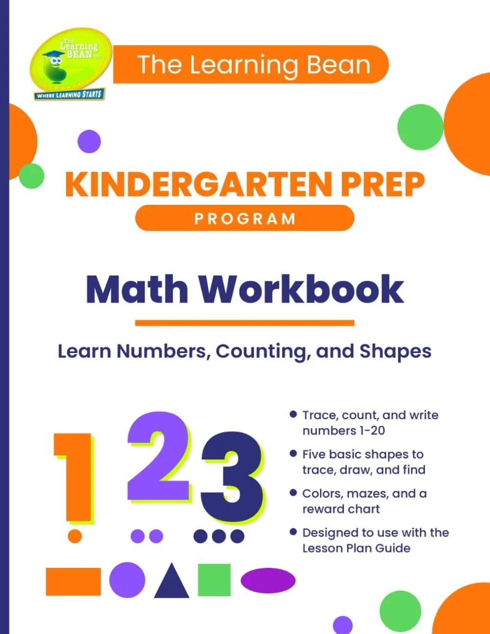 Math Workbook: Learn Numbers, Counting, and Shapes cover, The Learning Bean