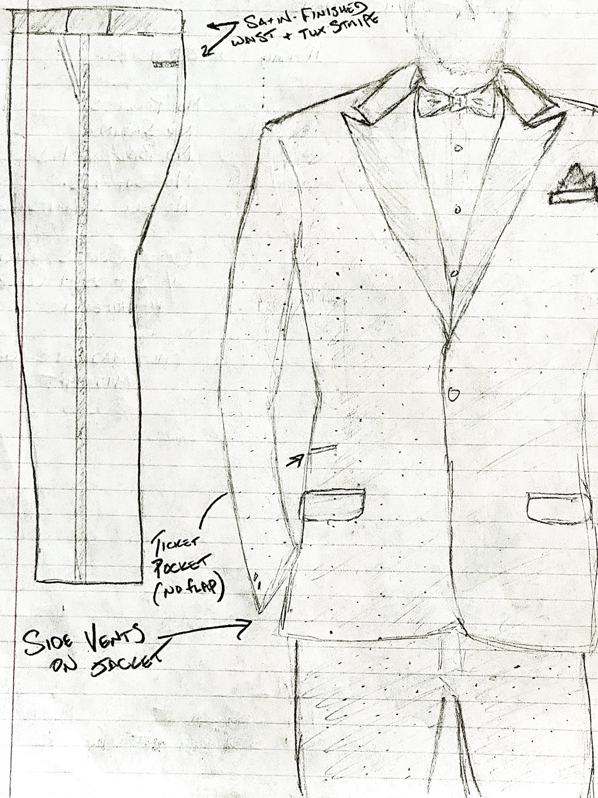 Concept drawing of a tuxedo made in Ybor, made in Tampa, Florida, USA by 1942 Clothiers.