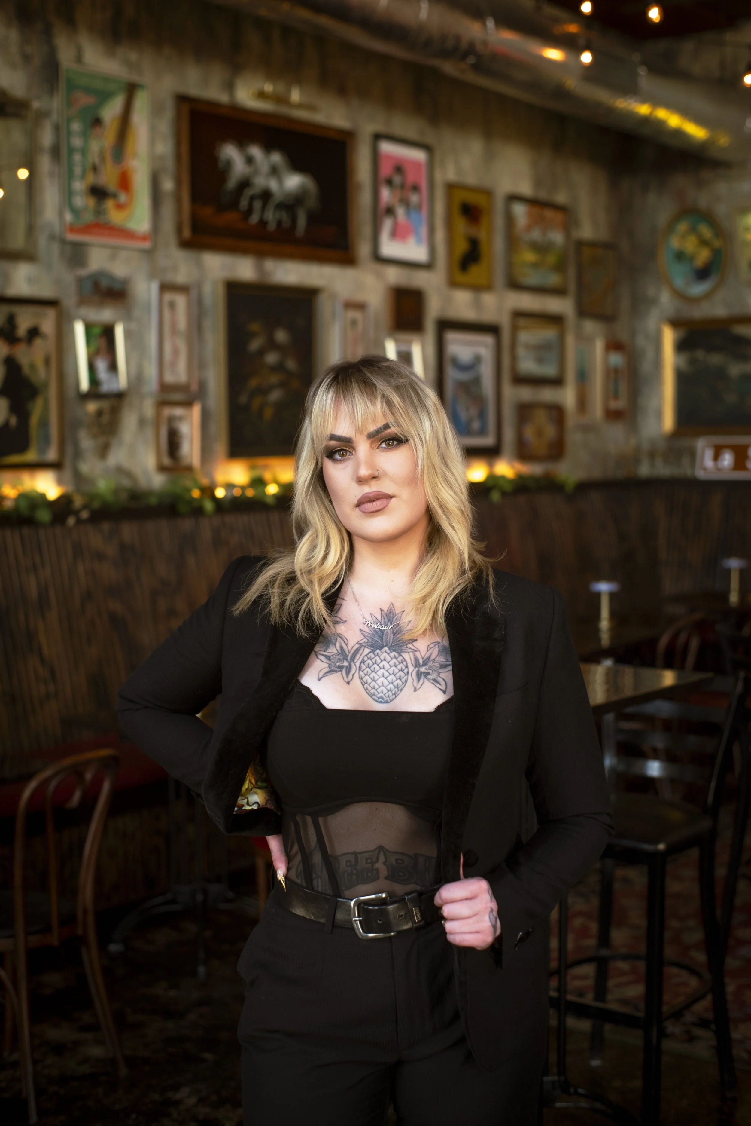 Caroline TikiWitch Lease wearing custom bespoke ladies suit at La Setima in West Ybor Tampa Florida by 1942 Clothiers and Bib 'N Tux / 'Til Death Hat Co.