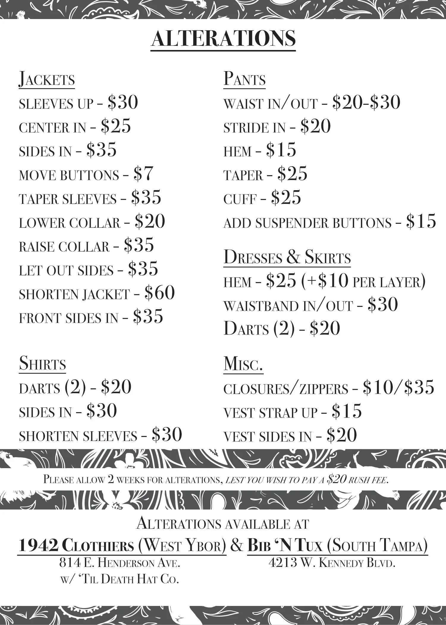 Alterations near me in Ybor City, Seminole Heights, Tampa, Florida available at 1942 Clothiers in West Ybor. Full service.