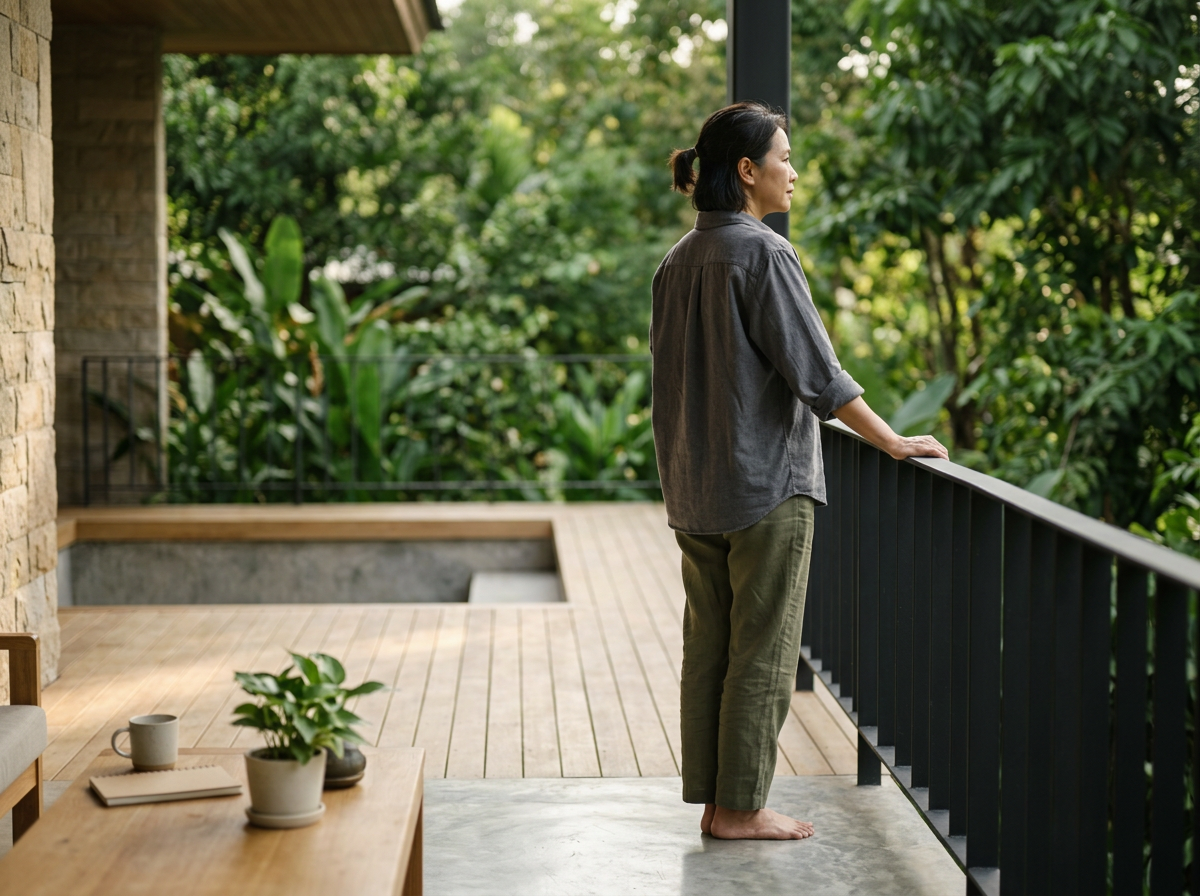 A person standing quietly on a wooden terrace, looking out over green jungle in Northern Thailand