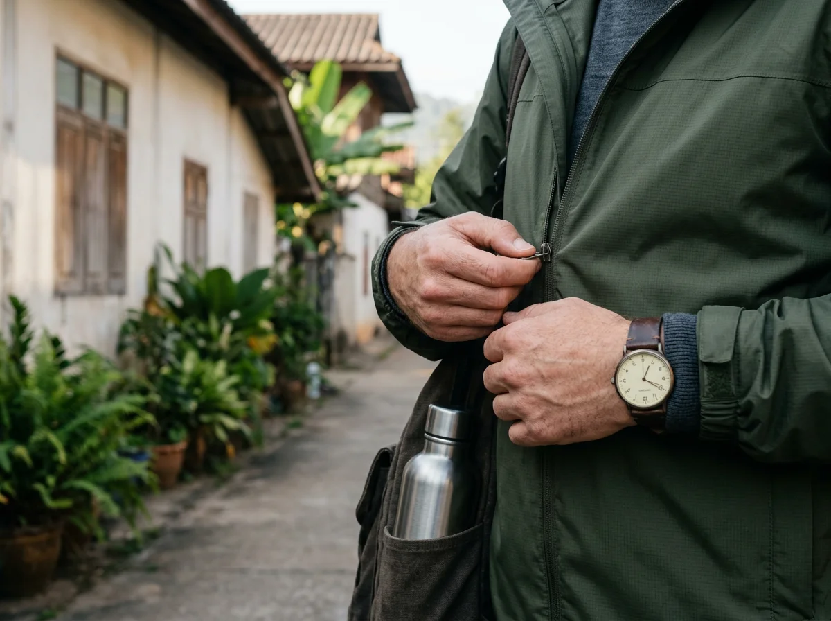 Hands zipping up a green jacket on a quiet village lane, getting ready to head out.