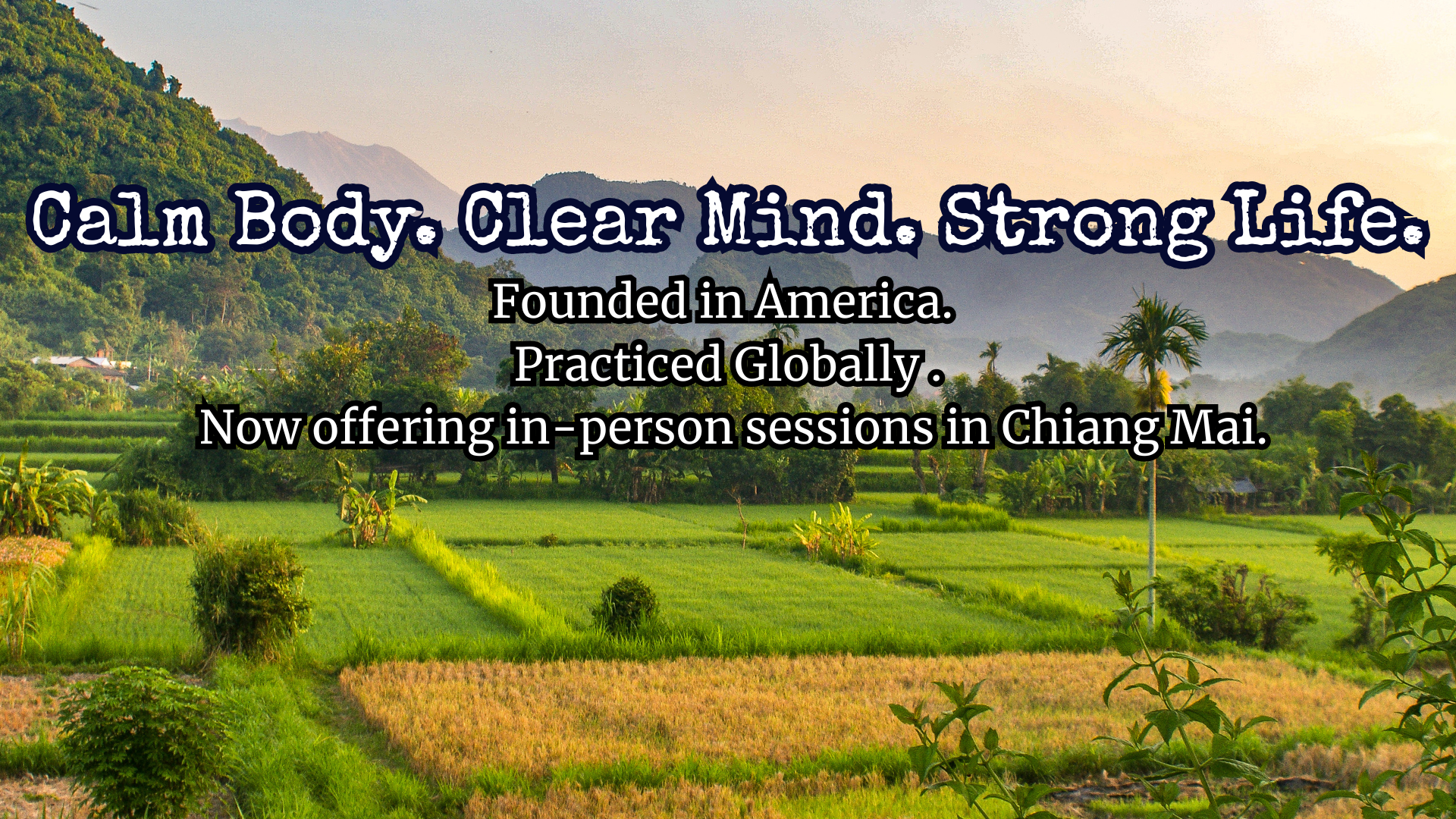 Scenic view of lush green rice paddies with mountains in the background, near Chiang Mai, Thailand, during daytime.