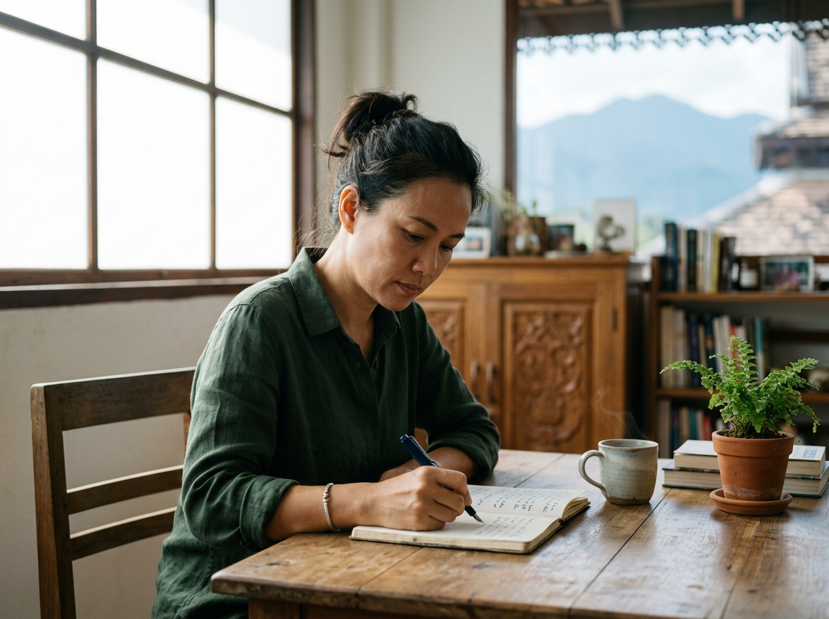 A woman writing in a notebook at a wooden table beside a window