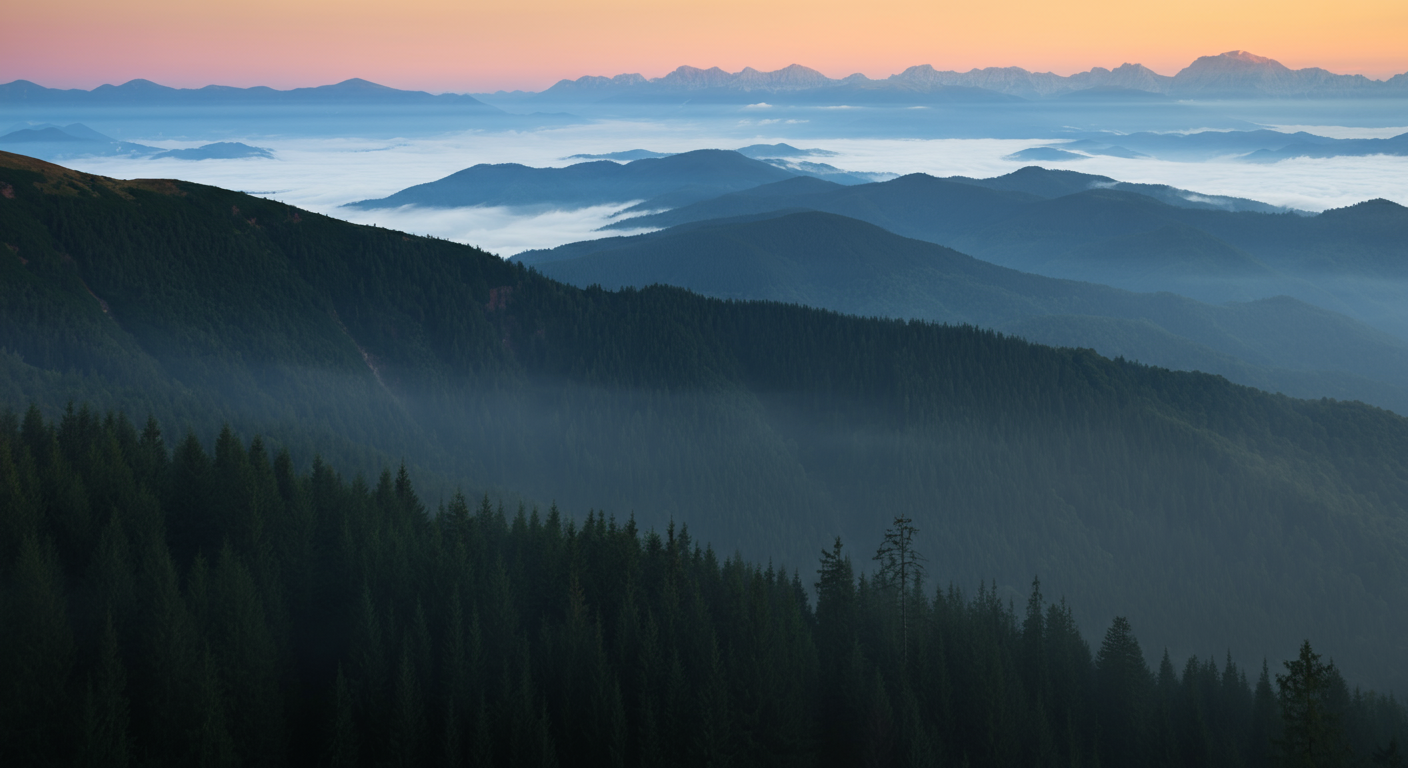 A panoramic view of mountain ranges at sunrise with layered green forested hills and a sky with pastel pink and orange hues.