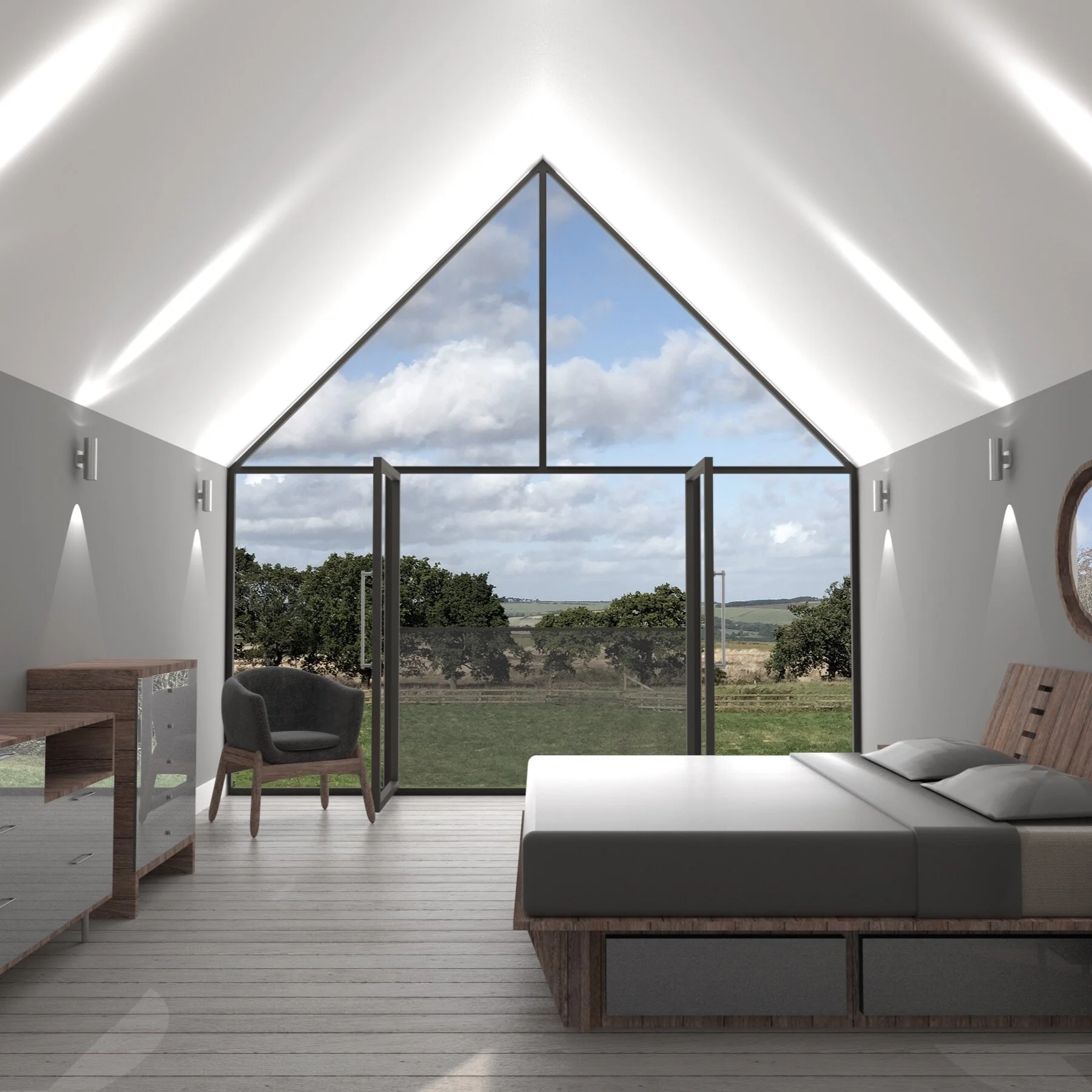Modern bedroom with large triangular glass window showing a scenic outdoor landscape with trees and a cloudy sky.