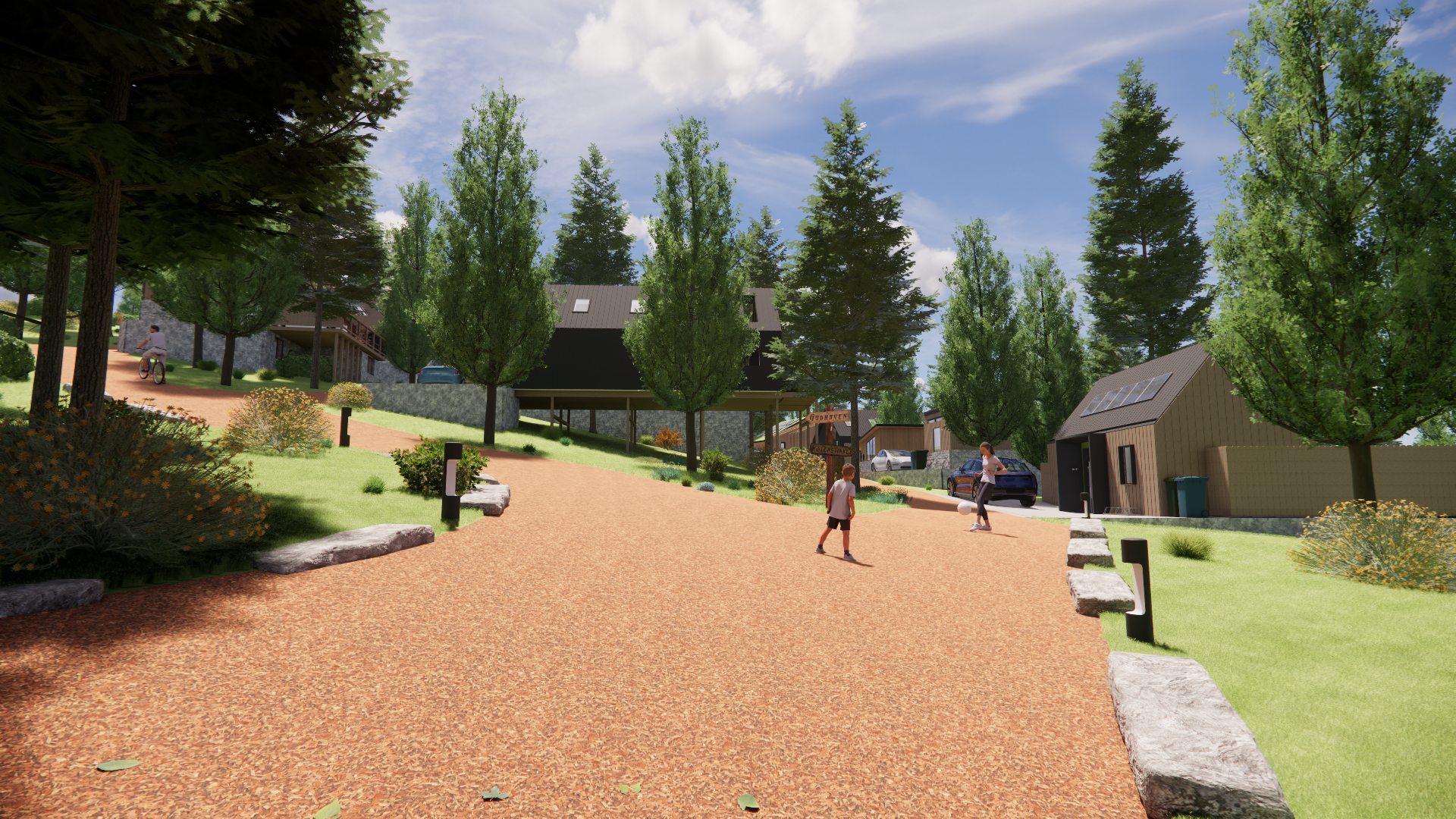 A peaceful neighborhood with a gravel walking path, green trees, houses, and a woman and children enjoying a walk on a sunny day.