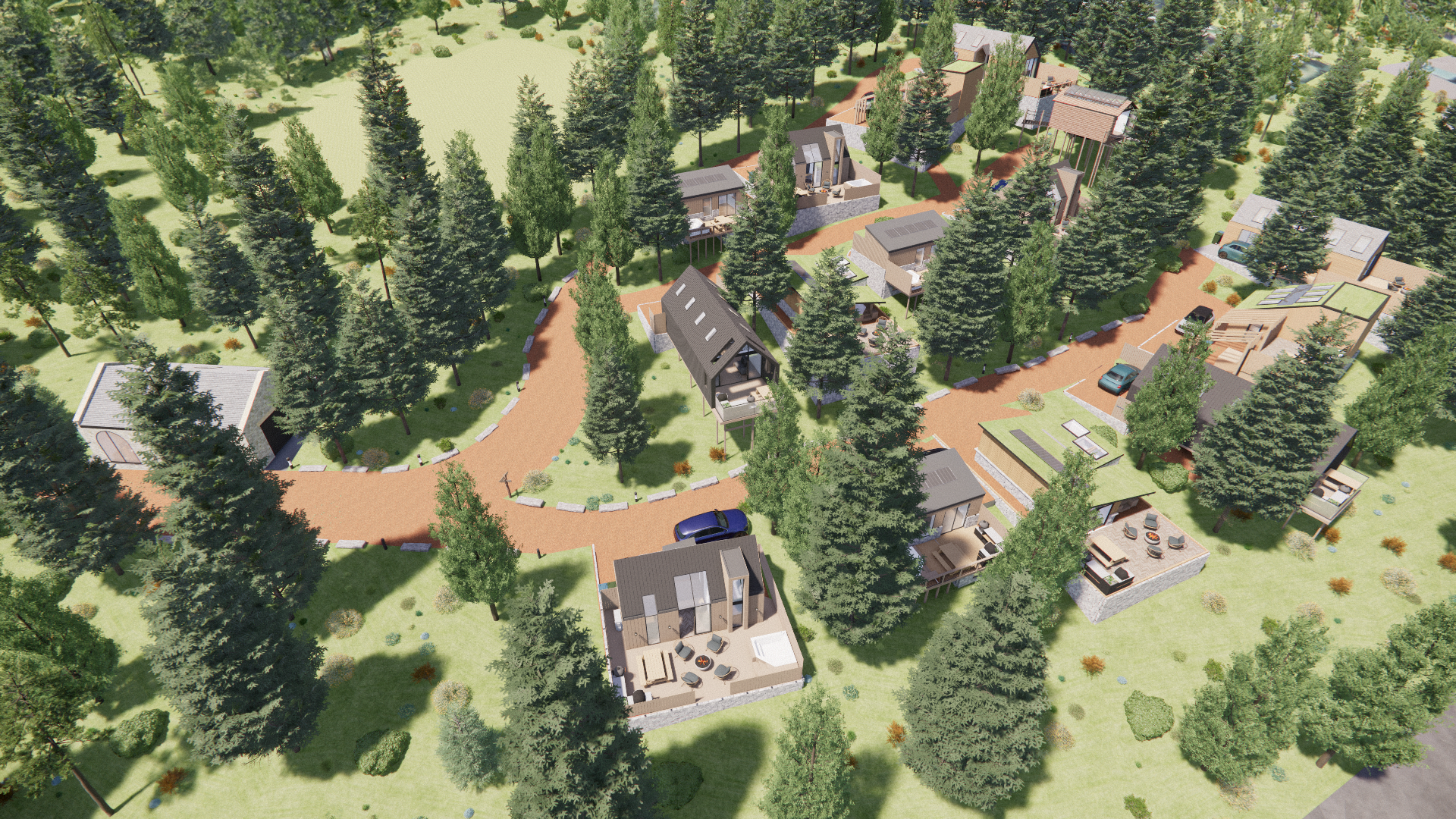 PWS Architecture + Design Ltd — Aerial view of a modern residential community surrounded by trees, featuring houses with green rooftops and outdoor terraces, interconnected by windin