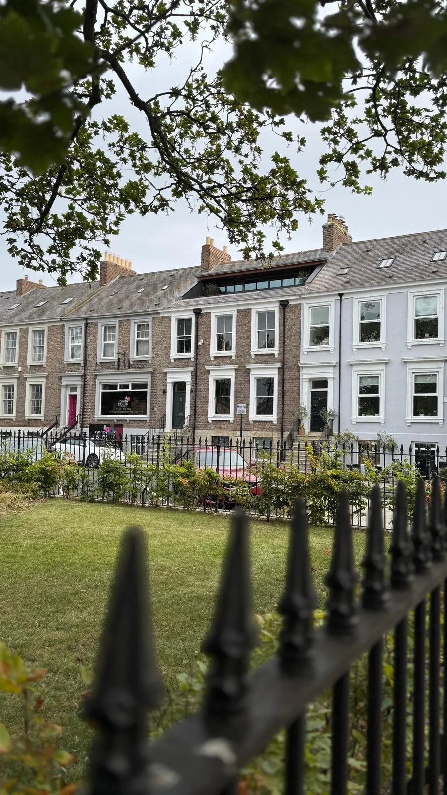 View of a row of residential houses with brick facades, trees in the foreground, and parked cars on the street, taken from a grassy area behind a black metal fence.
