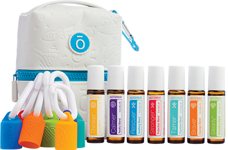 A collection of essential oils or roller bottles, a white bag with blue accents, and colorful silicone or plastic cable organizers.