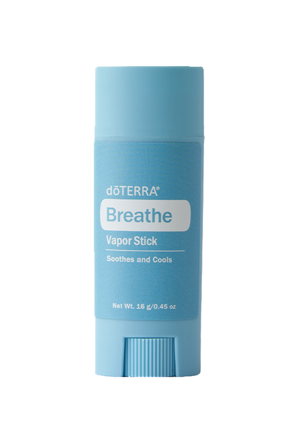 A blue doTERRA Breathe Vapor Stick container with a cap on top and a textured slide button at the bottom, designed to soothe and cool.