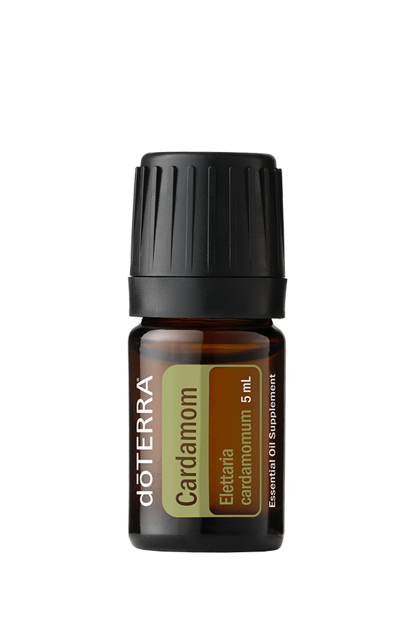 A small amber glass bottle of doTERRA Cardamom essential oil with a black cap, labeled as 'Electria Cardamomum 5 mL.'