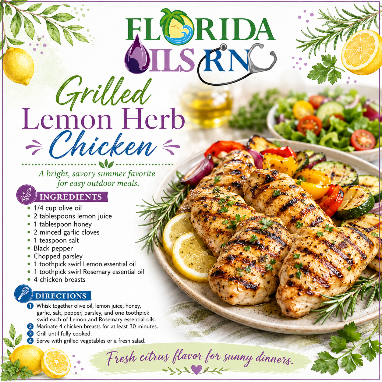 Grilled lemon herb chicken recipe from Florida Oils RN