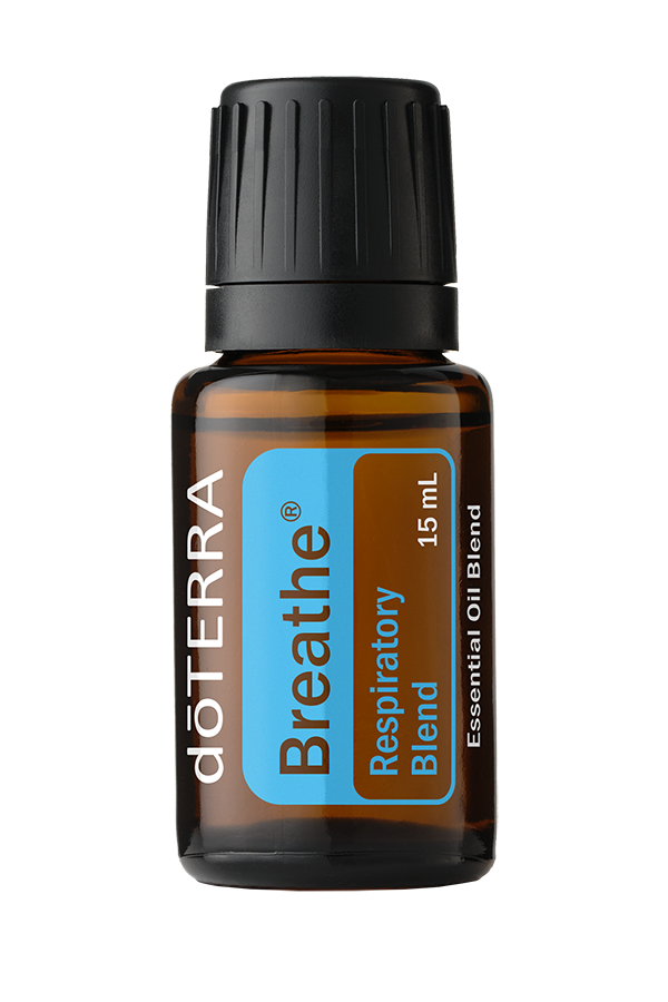 A small amber glass bottle of doTERRA Breathe Respiratory Blend essential oil, 15 mL, with a black cap and blue and brown label.