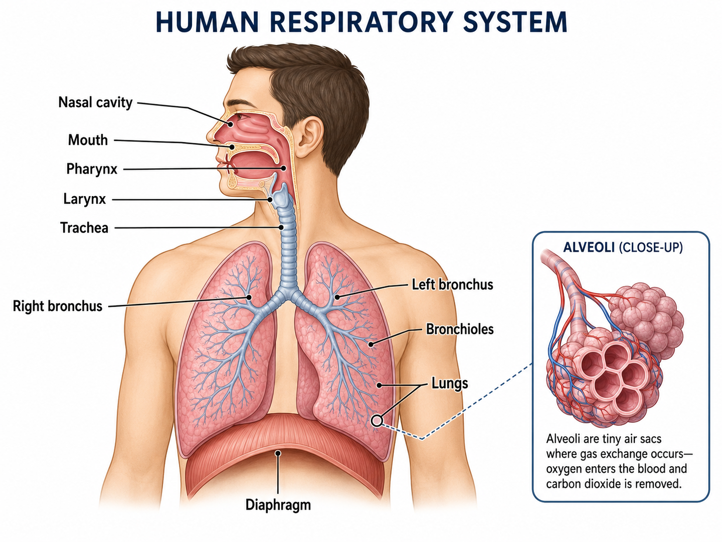 Diagram of the human respiratory system showing nasal cavity, mouth, pharynx, larynx, trachea, bronchi, lungs, and diaphragm, with a close-up of alveoli highlighting gas exchange.