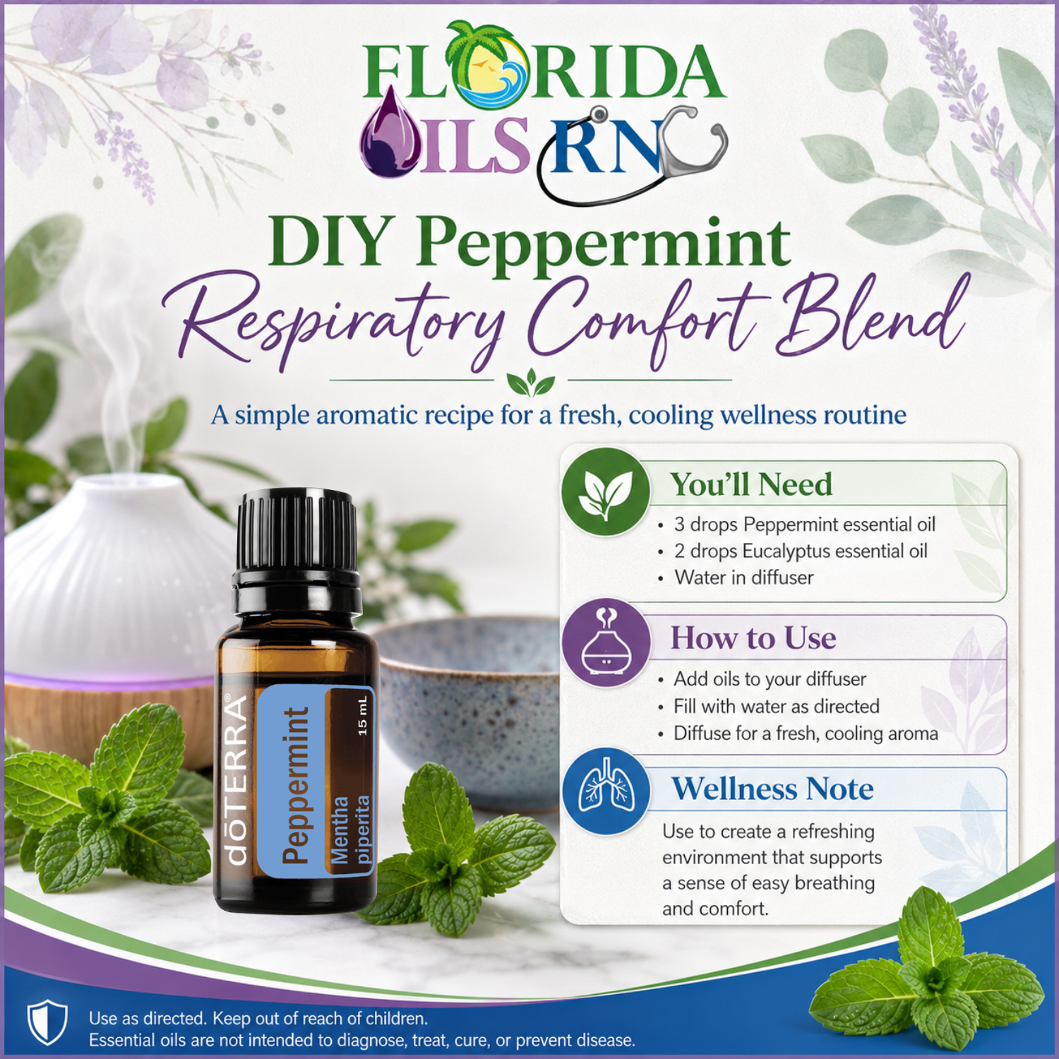 A promotional flyer for a DIY peppermint respiratory comfort blend, featuring a bottle of peppermint essential oil, illustrated peppermint leaves, and instructions for making the blend. The flyer emphasizes wellness and natural remedies.