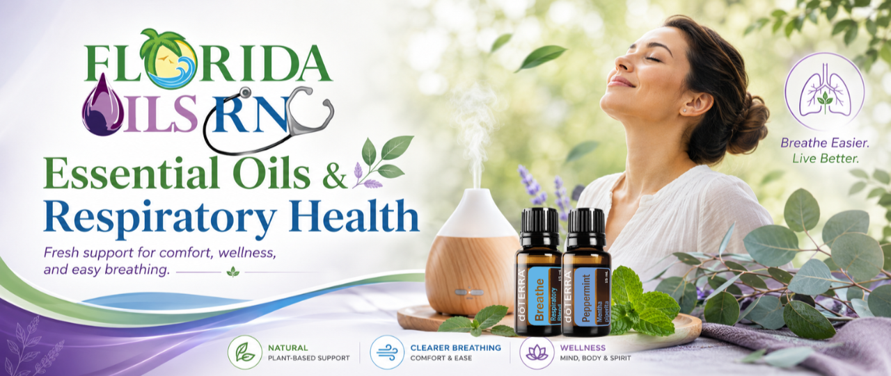 A woman smelling essential oils from a diffuser, with bottles of doTERRA breathe respiratory blend, surrounded by herbs and leaves, promoting respiratory health and wellness.