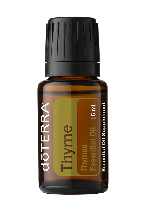 A small amber glass bottle of doTERRA Thymne essential oil with a black screw cap. The label indicates it contains 15 ml of Thymne essential oil, derived from Thymus, and is an essential oil supplement.