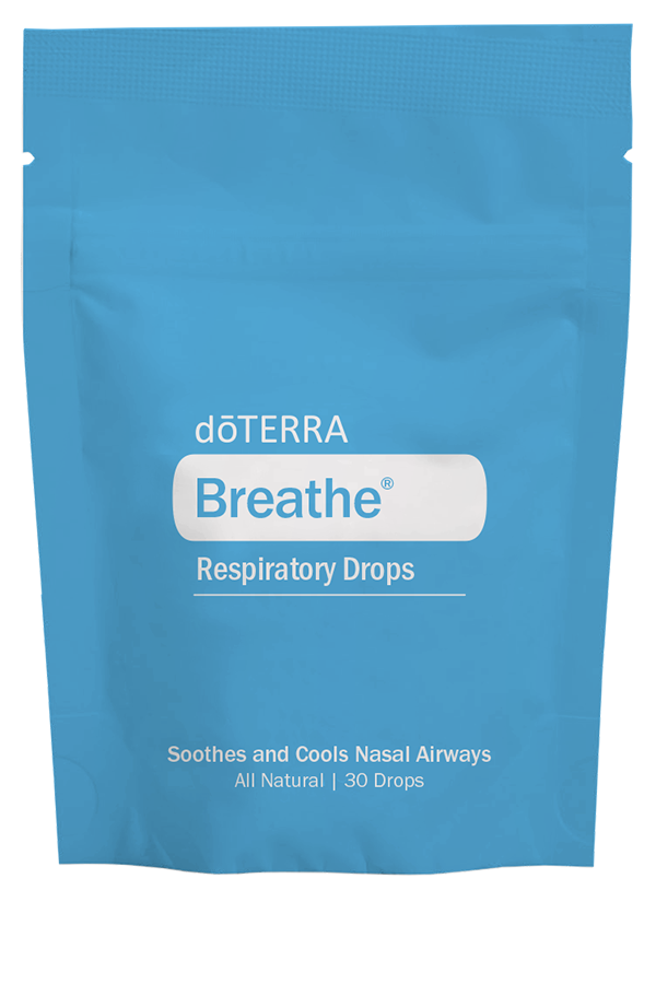 A blue resealable pouch of doTERRA Breathe Respiratory Drops, which are natural drops designed to soothe and cool nasal airways, containing 30 drops.